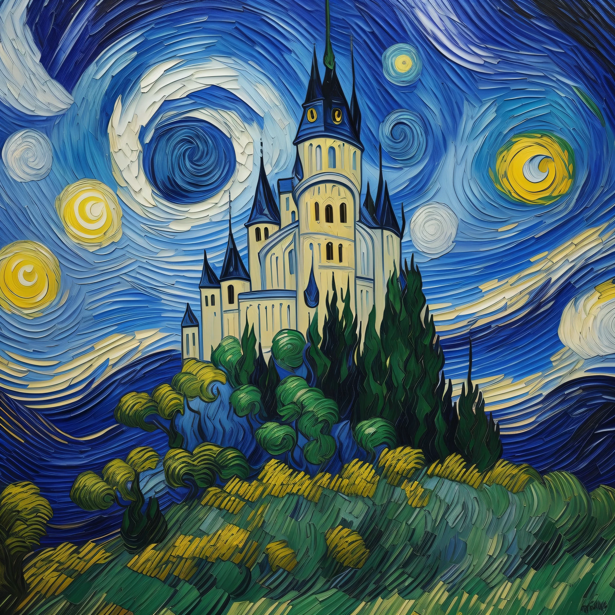 In a Van Gogh-inspired oil painting, the castle's swirling, vivid colors breathed life into its towering walls. Expressionist brushstrokes captured the structure's grandeur, while star-speckled skies echoed the artist's signature style.