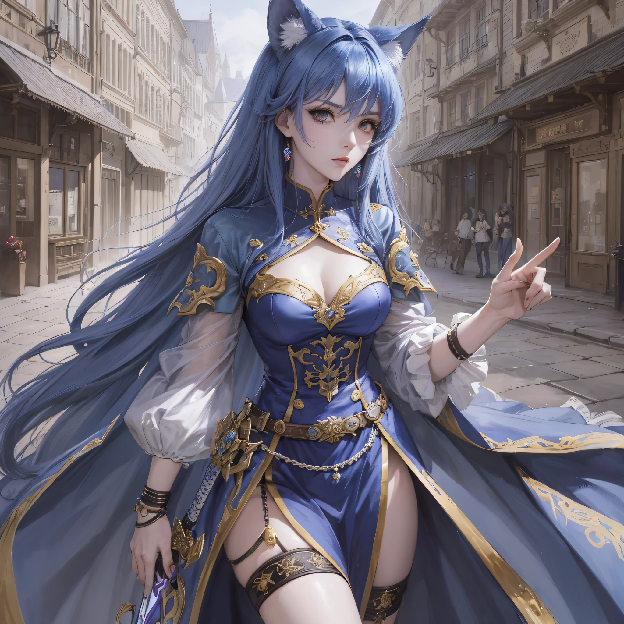 woman, anime perssonage, 20 years, genshim impact, blue hair, midnight blue hair, straight hair, warrior, mondstadt landscape genshim impact, beautiful sword, wolf ears, mondstadt city genshim impact, anime style rpg --auto --s2