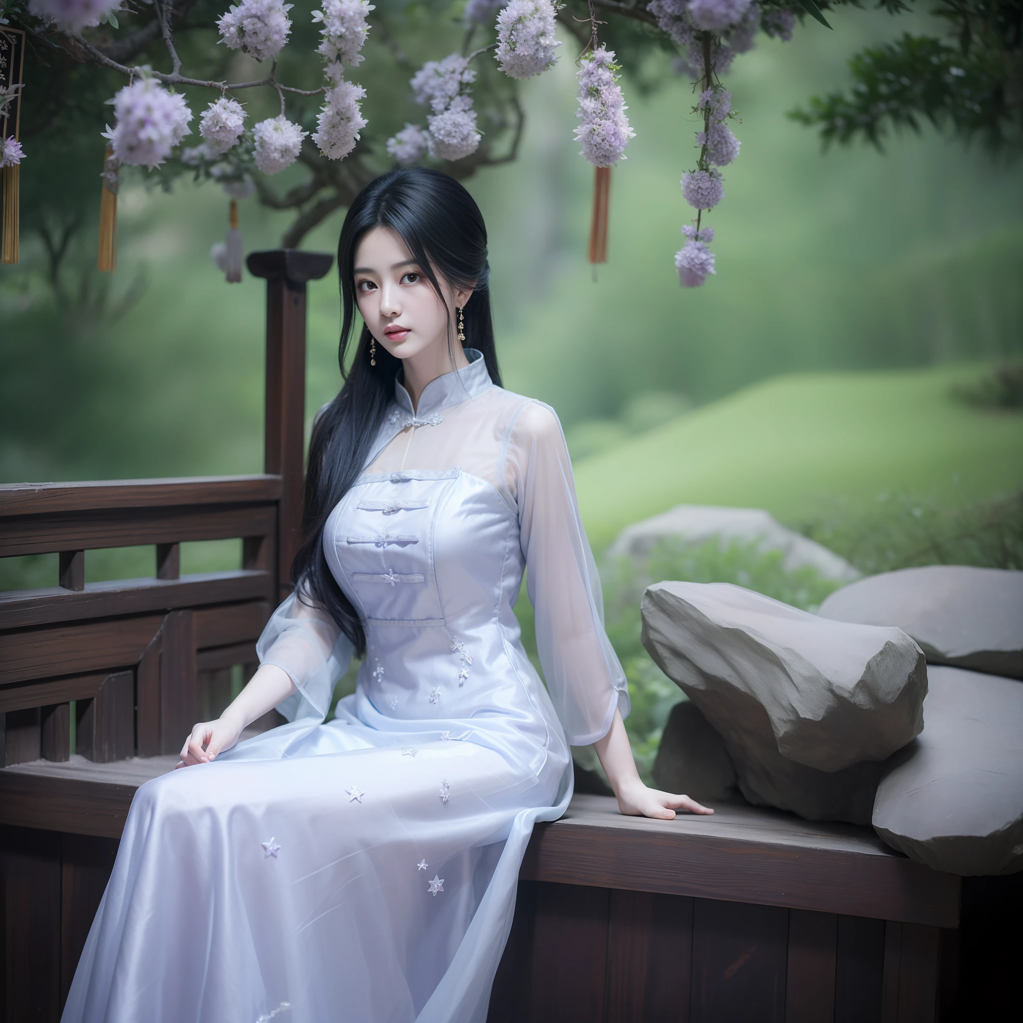 1girl, (1 cute Chinese star) realistic photo, medium breast size, purple slip dress, ancient Chinese architectural background, clear facial features, 8K high resolution, clear and realistic details, antique dress, tight dress, purple dress, long skirt, gorgeous young Chinese woman, shallow half-open dress, tight dress,