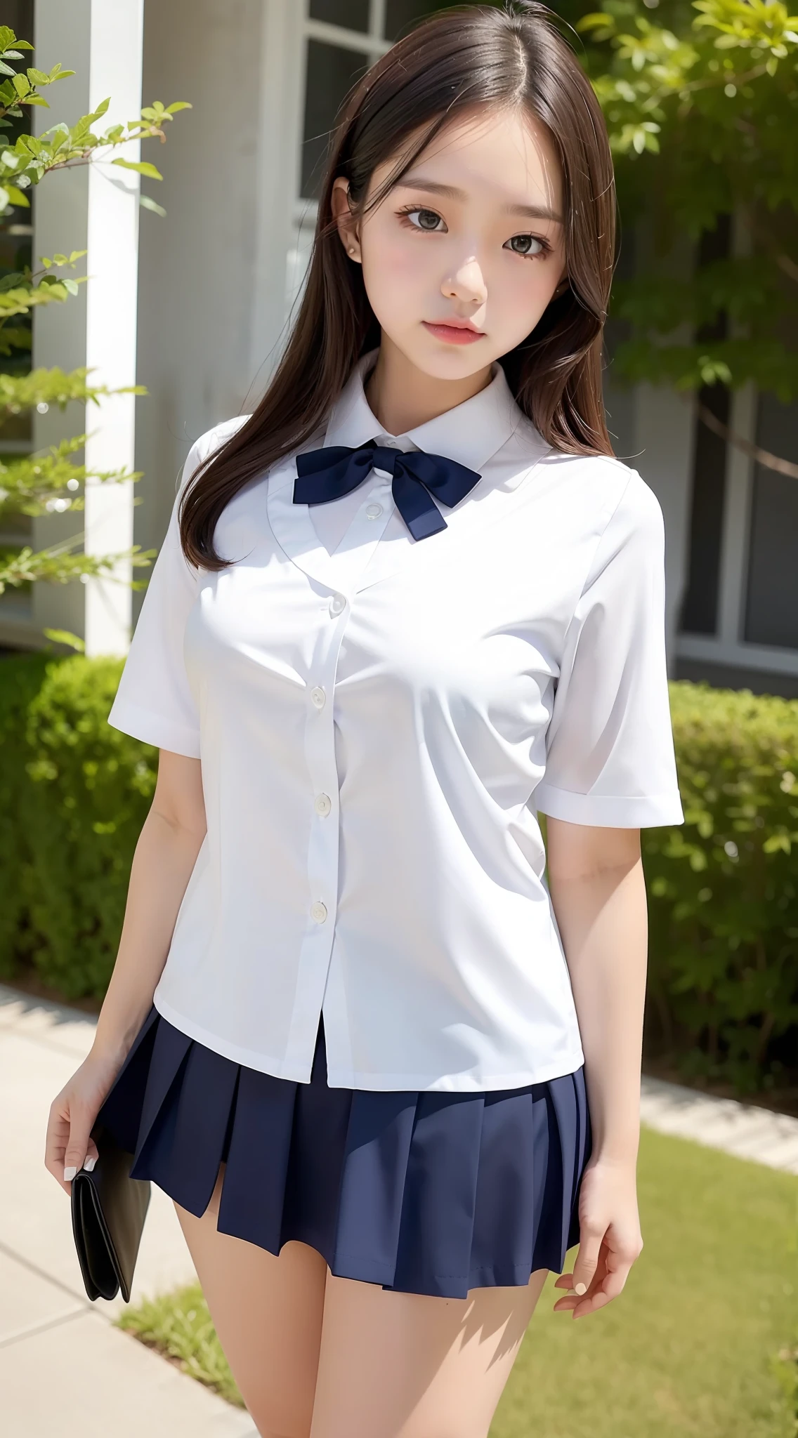 lace white panties, school uniform, white blouse, navy blue skirt,
