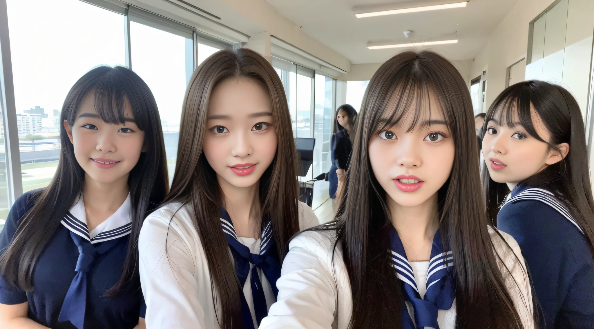 (8k, RAW photo, top quality, masterpiece: 1.2), super detail, super resolution, (realistic, real photo: 1.37), portrait, high resolution RAW color photo, tongue out photo, very detailed and beautiful, super high quality (looking here with tongue out), 8k wallpaper, amazing details, huge file size, very detailed beautiful girls, different pattern faces, Waist to head angle, waist flicker, modern cute schoolgirl, very detailed faceVery detailed eyes, very realistic skin, very detailed fingers, Very detailed nose, Very detailed mouth, Perfect anatomy, Very detailed sailor suit, Very detailed background, After school, smiling school girls gather in the hallway of the school. They are dressed in uniform, and the characteristics of the school building can be seen faintly in the background. The light coming in through the bright windows illuminates the hallways, revealing the details of their hair and uniforms. They enjoy chatting in natural poses and seem to have memorable conversations. Smiles are overflowing, fun spreads in the hallwaySome children are sticking out their tongues,akkambe, tongue out, , cute girl, famous Japan idol, cute, realistic body, slender, white skin, glowing skin, slim body, long straight hair, (dull bangs:1.2), , schoolgirl youth Celebrity level cuteness , pink eye shadow