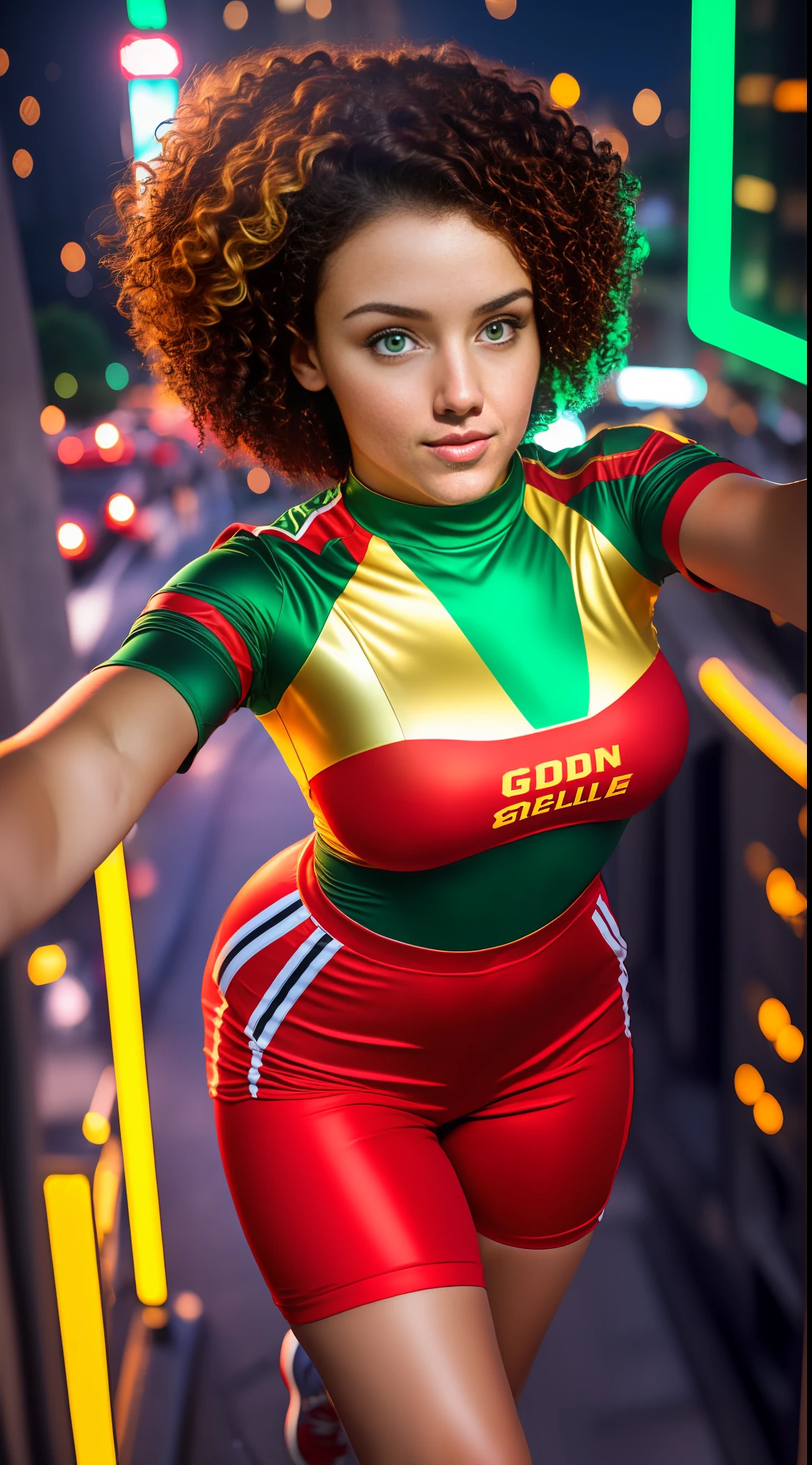 Girl 18 years old brunette cheerleader (gold and red uniform) incrinada looking up for camera (selfie camera angle) full body, big breasts,perfect green eyes, short curly hair,8k raw, perfect and realistic (angle from top to bottom) in the city the night neon