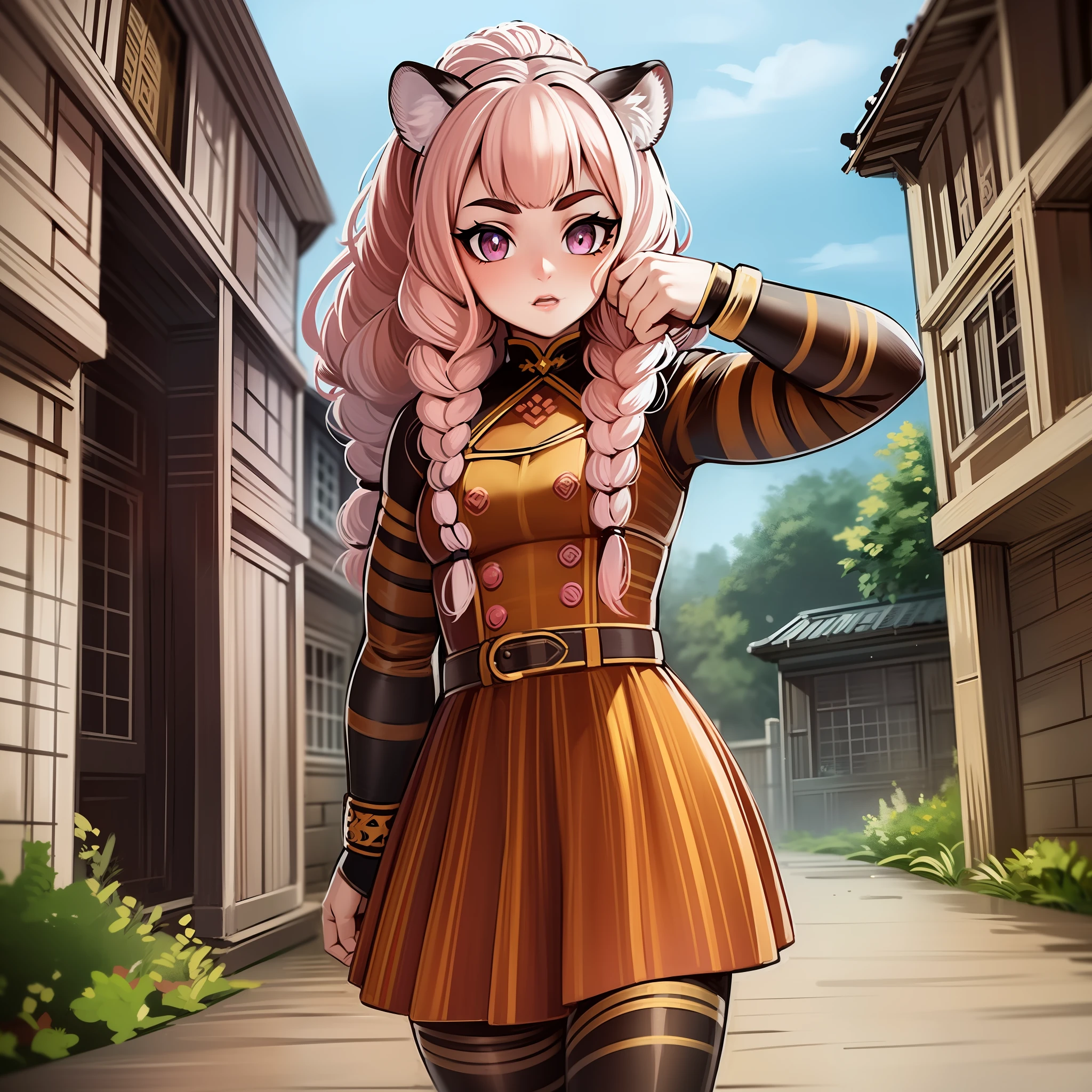 , tiger ears, tiger tails, martial art, medium chest, pink hair, skirt, jacket, godess,1girl,coat,walking, solo focus.1character, holy catholic mountain,