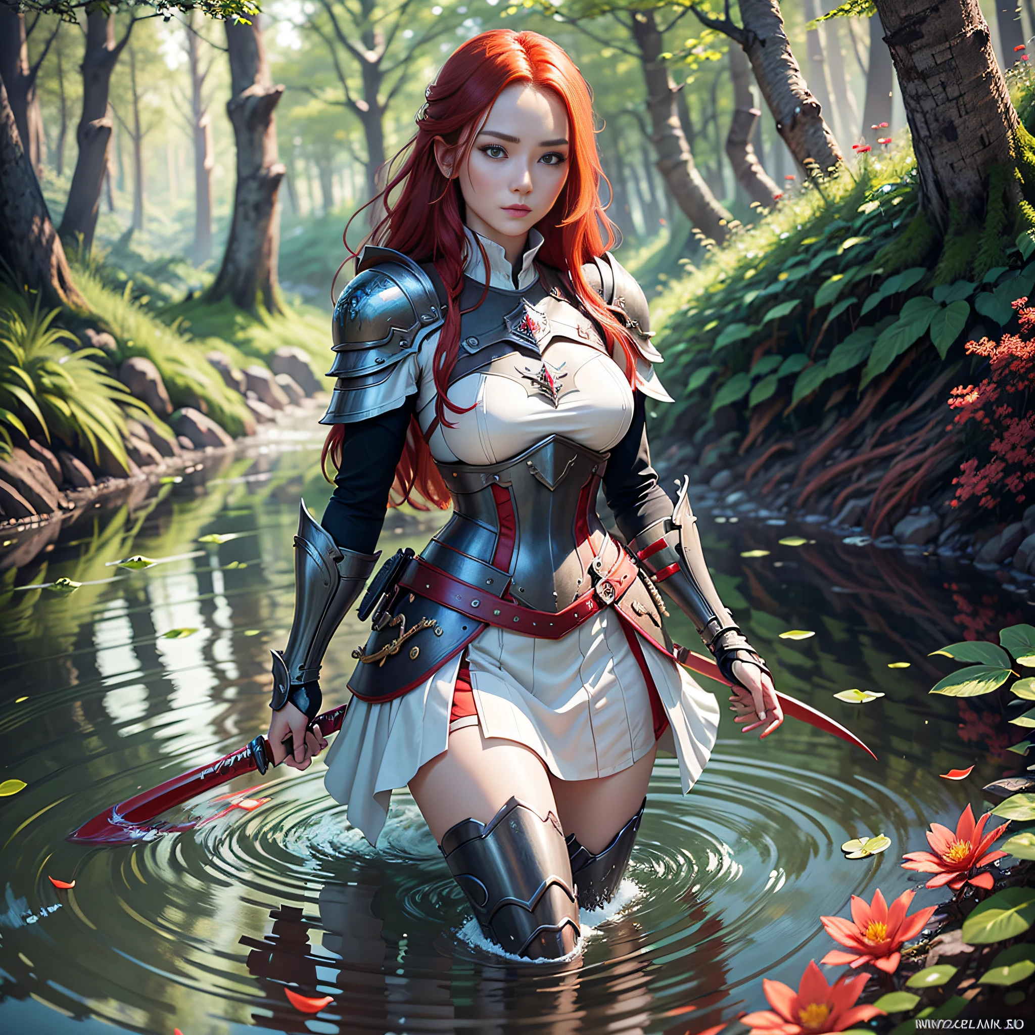 a redhead full-body rogue in the forest inside the lagoon blue eyes, reflective red armor the scenery mixed with white medieval clothing red skirt, on the side of an ultra realistic waterfall, ultra realistic flower field, full body, full of realistic flowers, ultra realistic eye, global lighting, realistic armor, realistic skin, realistic blue eyes, ultra realistic arm, realistic sword, red mouth, realistic ultra realistic hair, ray tracing in armor, ultra realistic hair, ulzzang-6500-v1.1, 3D, ultra realistic 3D, rogue sword, (rough photo: 1.2), (photorealistic: 1.4), CG, 8k wallpaper, amazing, fine detail, masterpiece, best quality, very detailed CG, long red hair, side divisions, (medium breasts), , --auto --s2