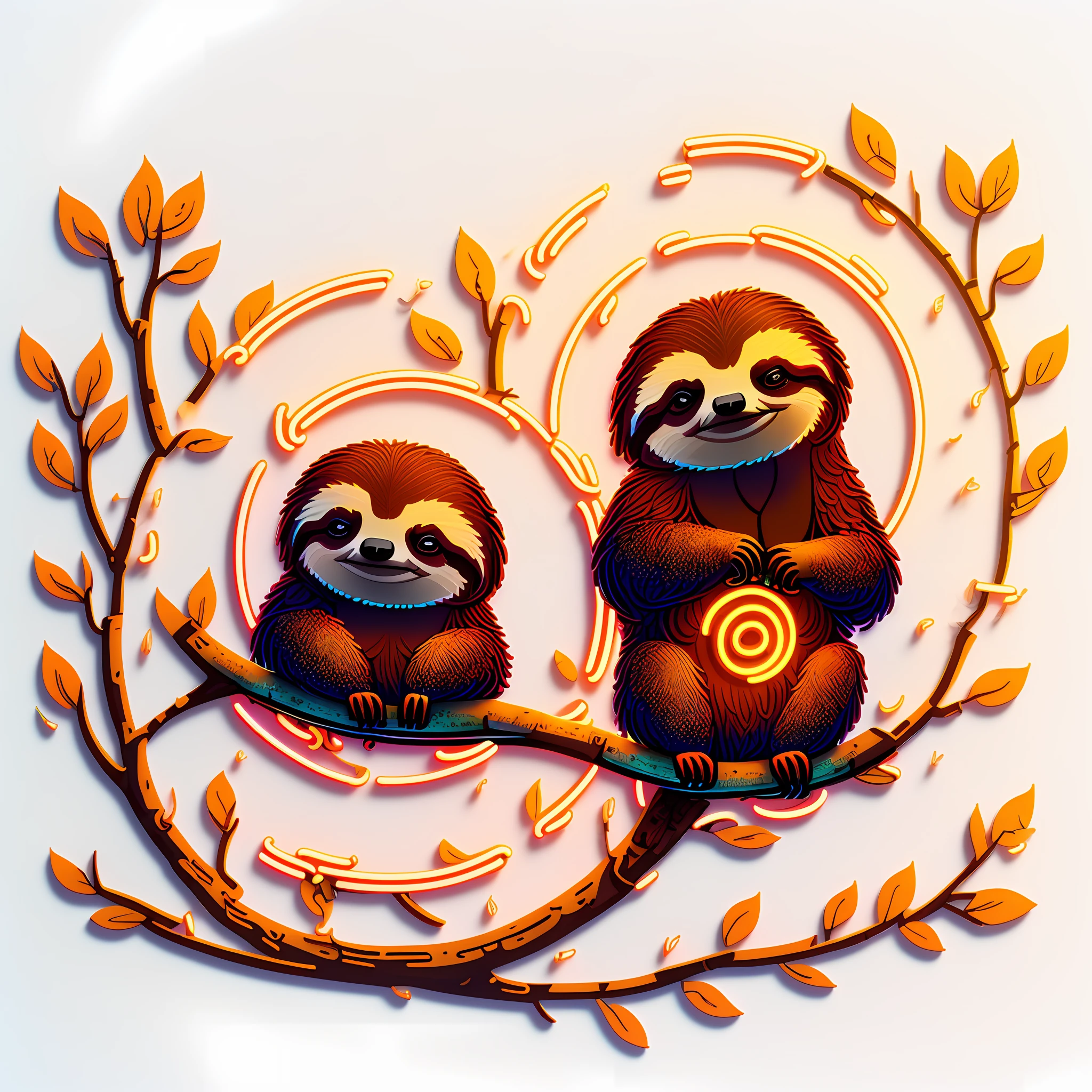 t-shirt art, 3D, ((white background: 1.5), logo, circle, vector, vivid colors, chibi
cute sloth, (((neon))),(on a branch))) masterpiece, best quality, intricate details,
perfect symmetrical face, realistic details, nature theme, light edge,
moonlight, cinematic shading, Greg Rutkowisk