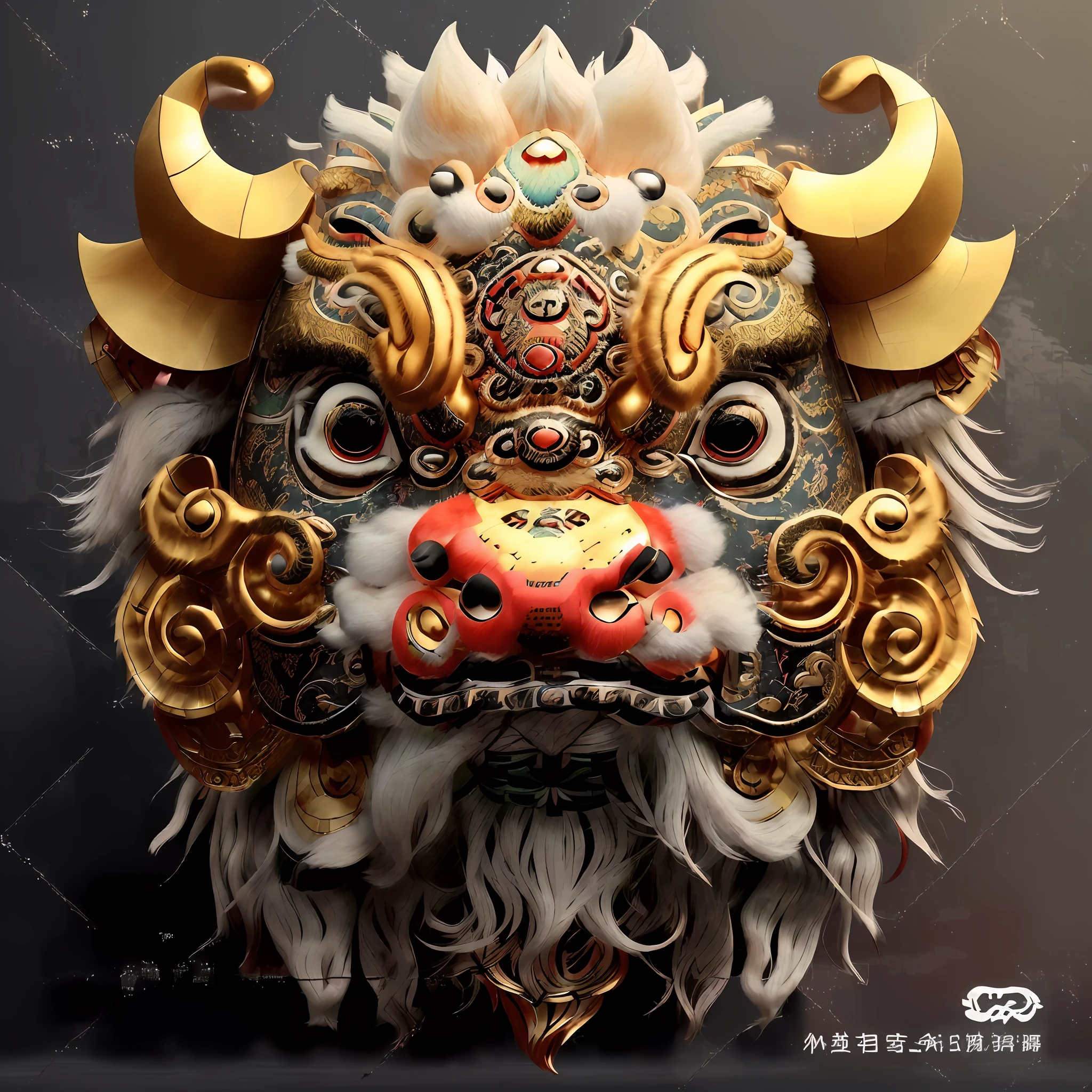 Awakening lion style, close-up of mask with bull big head, detailed digital 3D art, Asura in Chinese mythology, bison god, animal style head, ancient Chinese art style, Chinese style, Chinese ghost festival, complex gorgeous anime CGI style, highly detailed digital art, highly detailed digital art, cow face, lion head