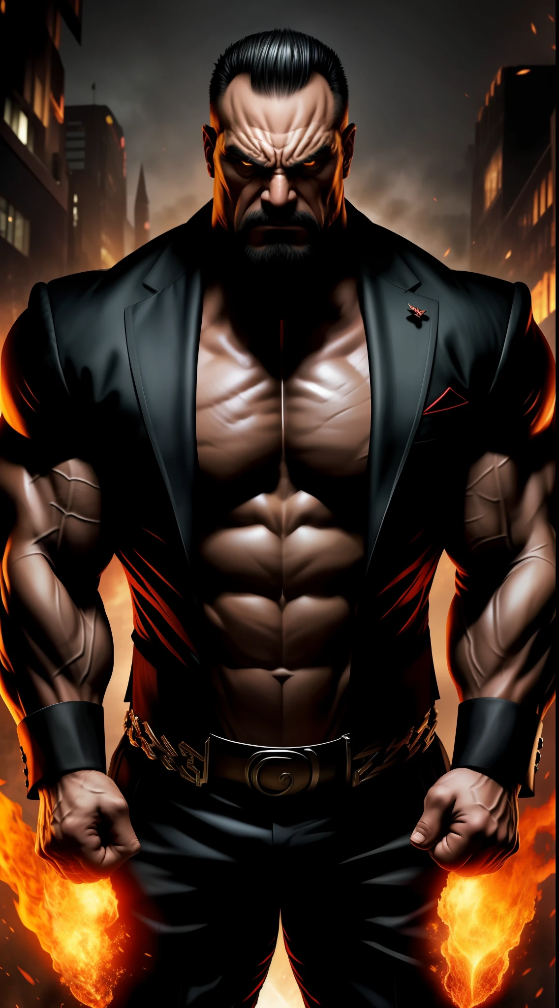 a super strong game boss extremely muscular, angry expression sinister very bad, wearing a stylish suit.