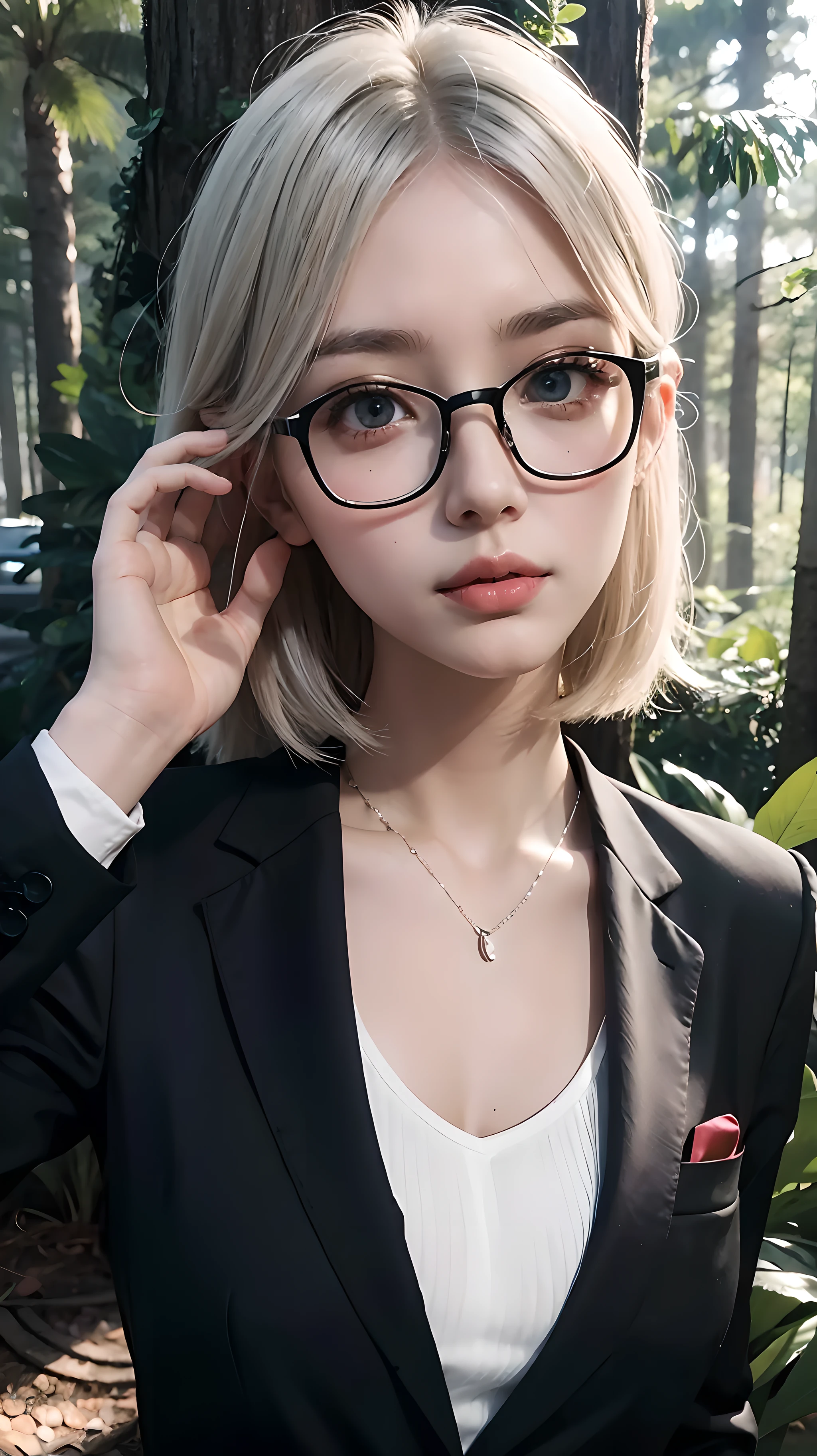 Cute girl, beautiful eyes, (beautiful face), (sexy body), wearing glasses, random suit, random expression, half body, forest background, random pose, random hair style, platinum hair