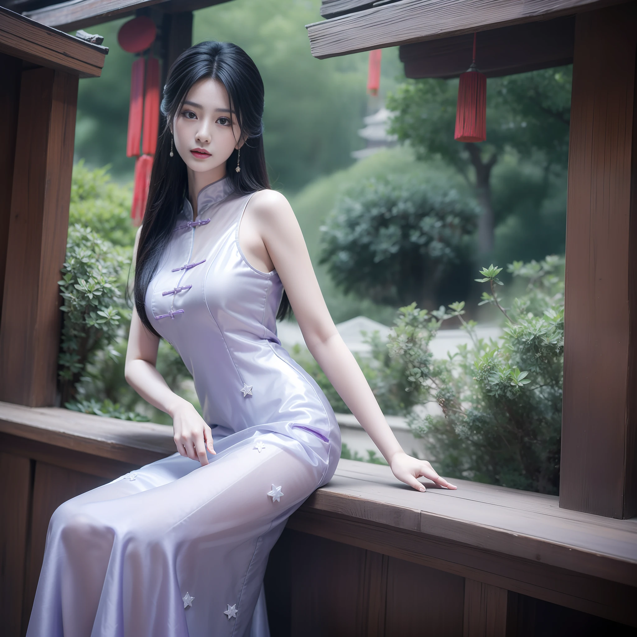 (1 cute Chinese star) realistic photo, medium breast size, purple slip dress, ancient Chinese architectural background, clear facial features, 8K high resolution, clear and realistic details, sexy long dress, gorgeous young Chinese woman, light purple