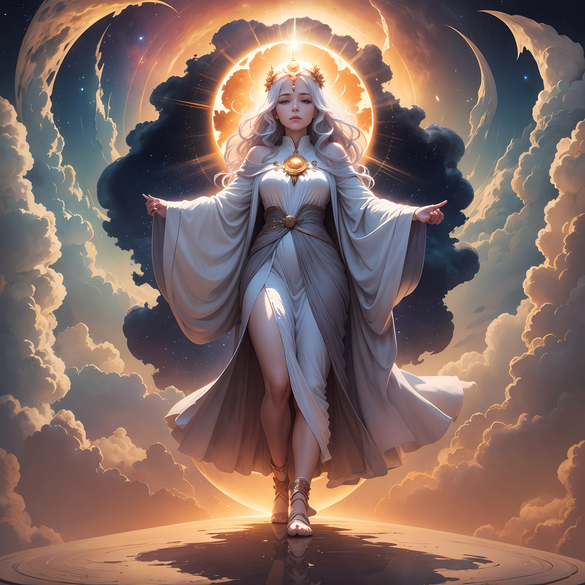 A woman clothed with the Sun with long robes on a cloud in the sky the moon under her feet the sun on her head --auto --s2