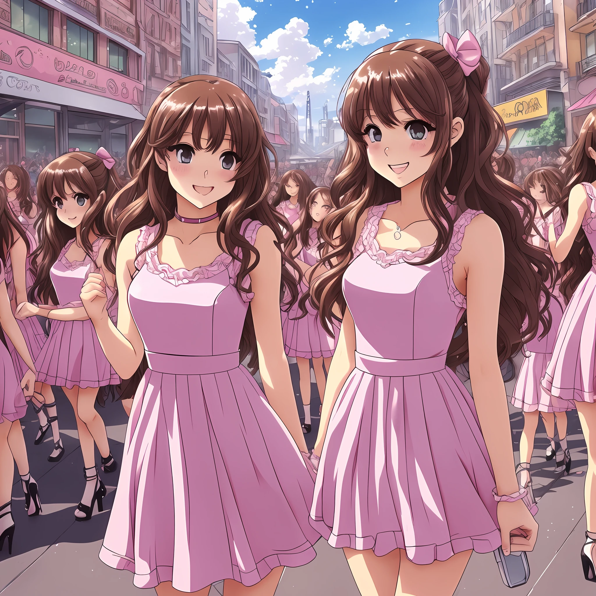 perfect anime illustration, multiple girls, thousands of girls, millions of girls, rich girls, clones, identical sisters, sisters crowded together, sisters in background, brown hair, curly hair, matching hairstyle, hazel eyes, smiling, ((matching outfits, pink dresses, bodycon dresses, high heels)), matching hairstyles, white background, highres, full body, sisters marching