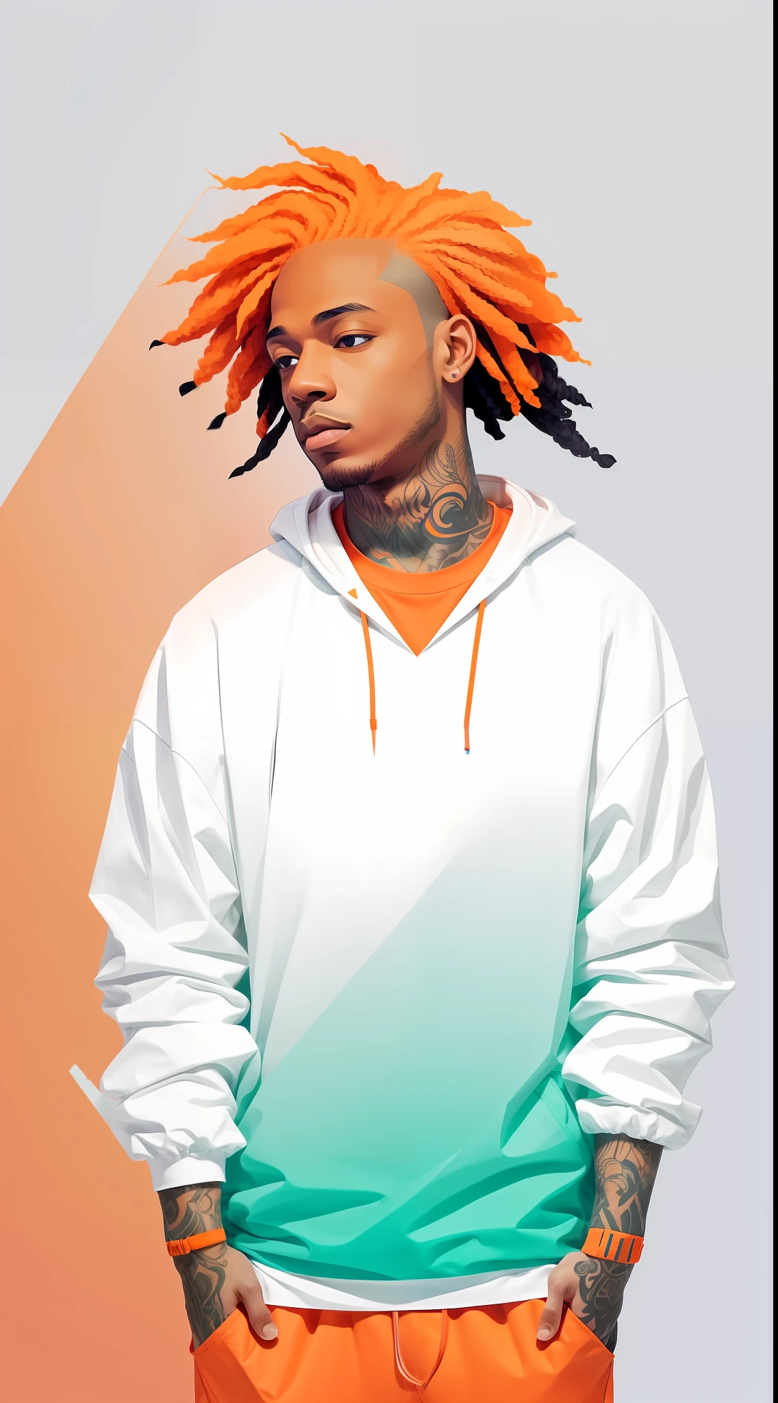 clean,minimalist,vector art,1rapper with tattoos, gradient pastel dreads hair,white techwear clothes,tatical clothes(orange,white),strong stroke around image,papercute background with simple abstract designs