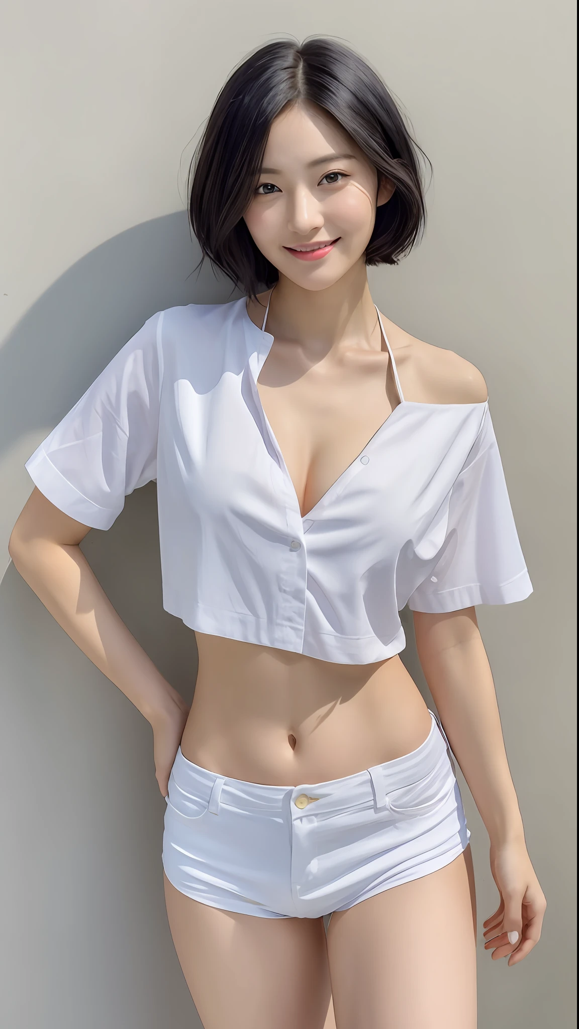 (Masterpiece:1.3), (8K, Photorealistic, RAW Photography, Best Quality: 1.4), Japan People, (1 Girl), Beautiful Face, (Realistic Face), (Black Hair, Short Hair:1.3), Beautiful Hairstyle, Realistic Eyes, Beautiful Details, (Realistic Skin), Beautiful Skin, Attractive, Ultra High Definition, Ultra Realistic, High Detail, Golden Ratio, (Fatal Face:1.2), Look at the Beholder,Smile, open white shirt, middle chest, standing, hands on hips, tight abs, navel, big buttocks