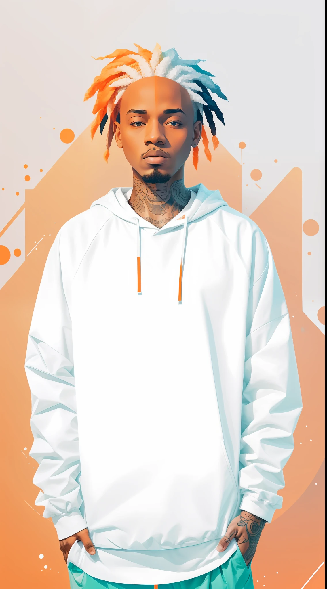 clean,minimalist,vector art,1rapper with tattoos, gradient pastel dreads hair,white techwear clothes,tatical clothes(orange,white),strong stroke around image,papercute background with simple abstract designs