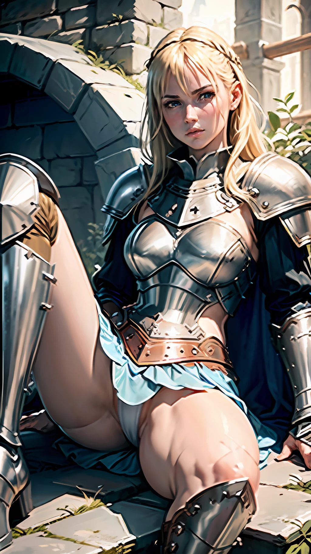 Warrior blonde, armor, medieval fantasy, D&d, RPG, ultra realistic, ultra detailed, best quality, 8k, wallpaper, steel breastplate, steel boots, steel gauntlets, steel gloves, sitting, open legs, blue skirt, small panties, white panties, panty view, upskirt, thong, cameltoe, pantyshot, RAW,