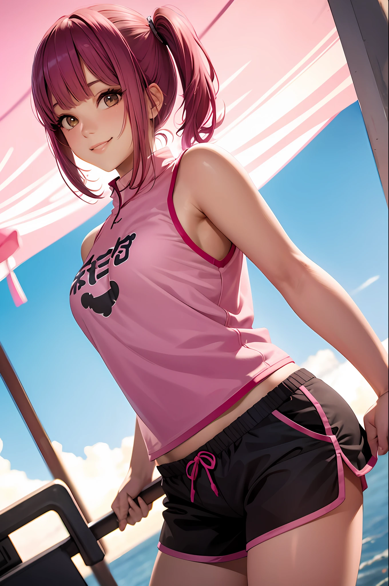pink short ponytail, side up hair, smile, colorful hair, sleeveless, pink china clothes, black shorts, blunt bangs, 1girl,solo, photorealistic, high resolution, 1 girl, cowboy shot,