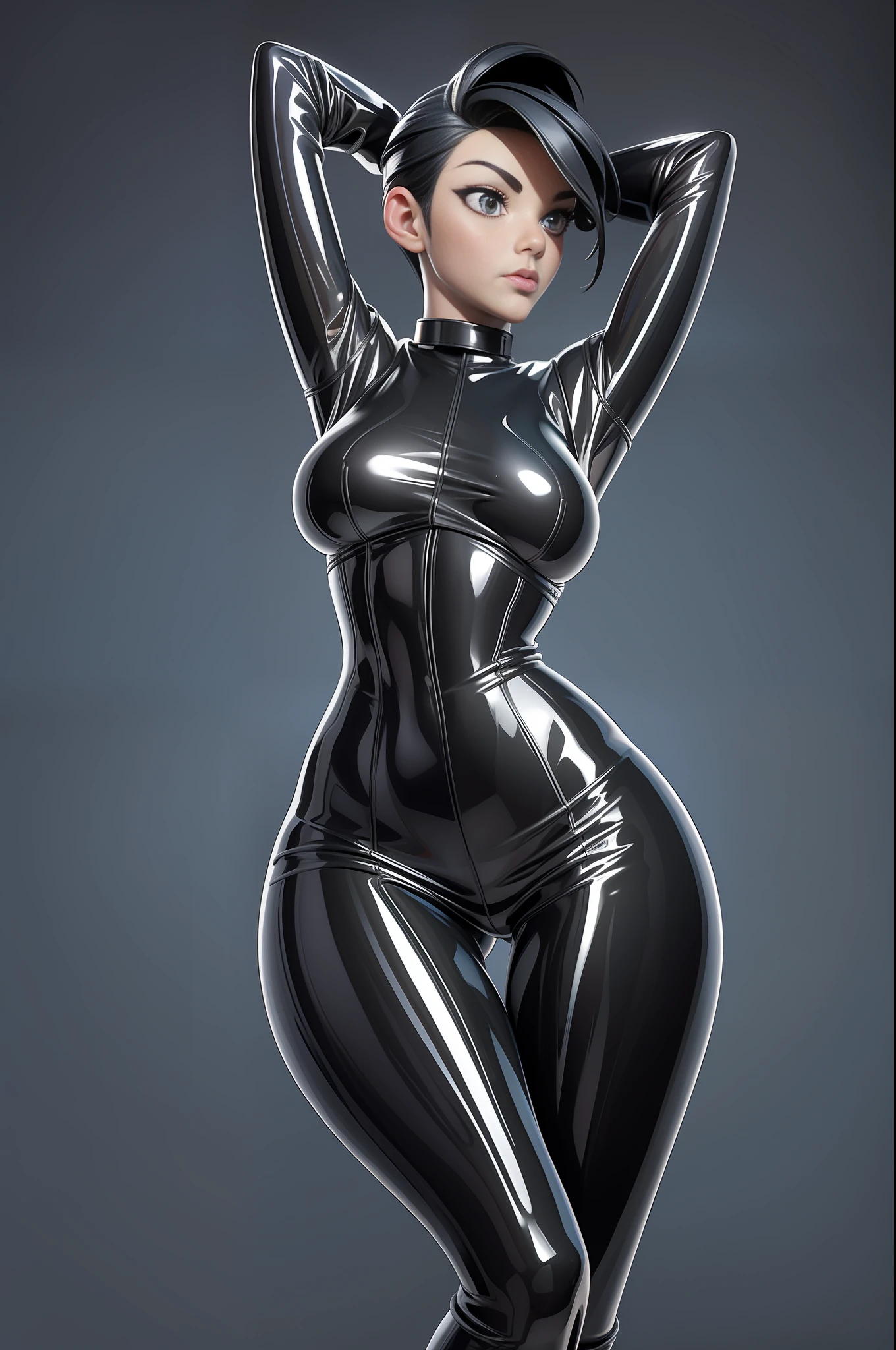 full body picture Unreal Engine 5 8K UHD of beautiful women, wearing tight latex catsuit covered whole body, latex mask, latex collar, corset, latex body harness and lace, arm and leg cuffs, blindfold, latex long glove, best quality, masterpiece