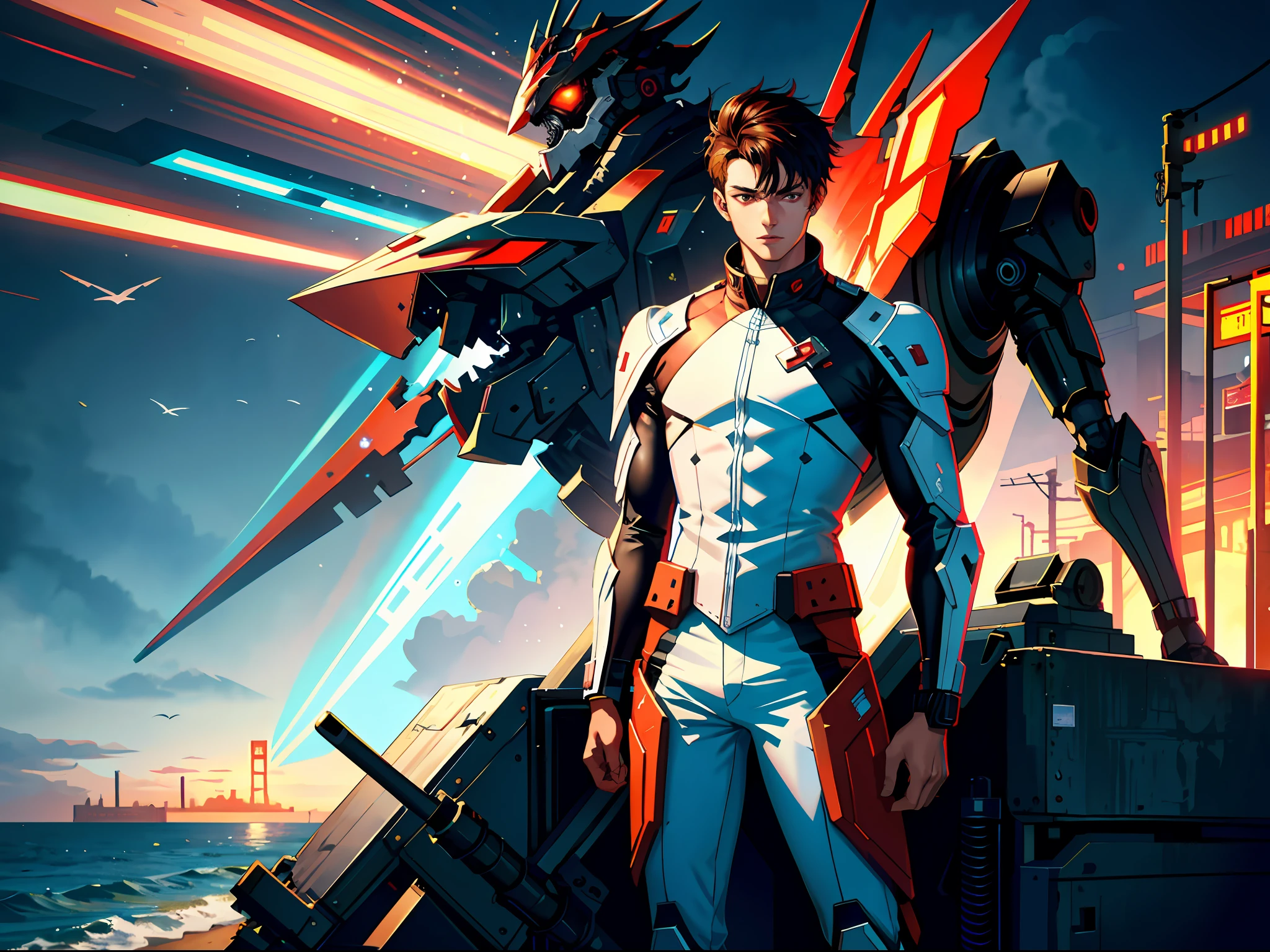 HD clear, best images, illustrations, super detailed, a young man wearing a cyberpunk style (white combat uniform), detailed face, and facial features, standing on the seaside pier with a thoughtful expression on his face, behind him is a huge red mech