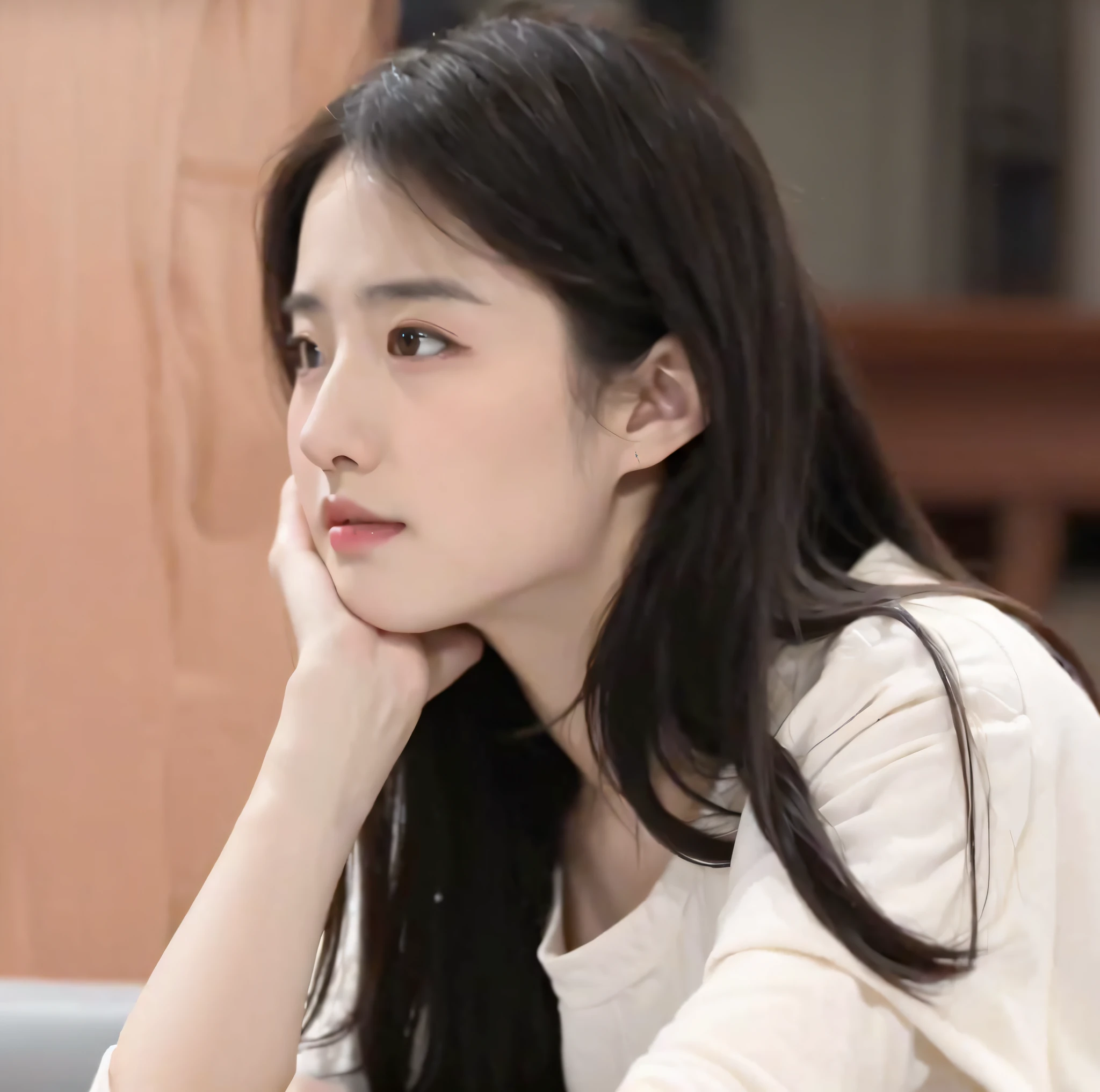 a close up of a woman sitting on a couch with her hand on her chin, ruan jia beautiful!, xianxia, dilraba dilmurat, xintong chen, young cute wan asian face, li zixin, chinese girl, inspired by Tang Yifen, beautiful south korean woman, xision wu, inspired by Cheng Jiasui, bae suzy