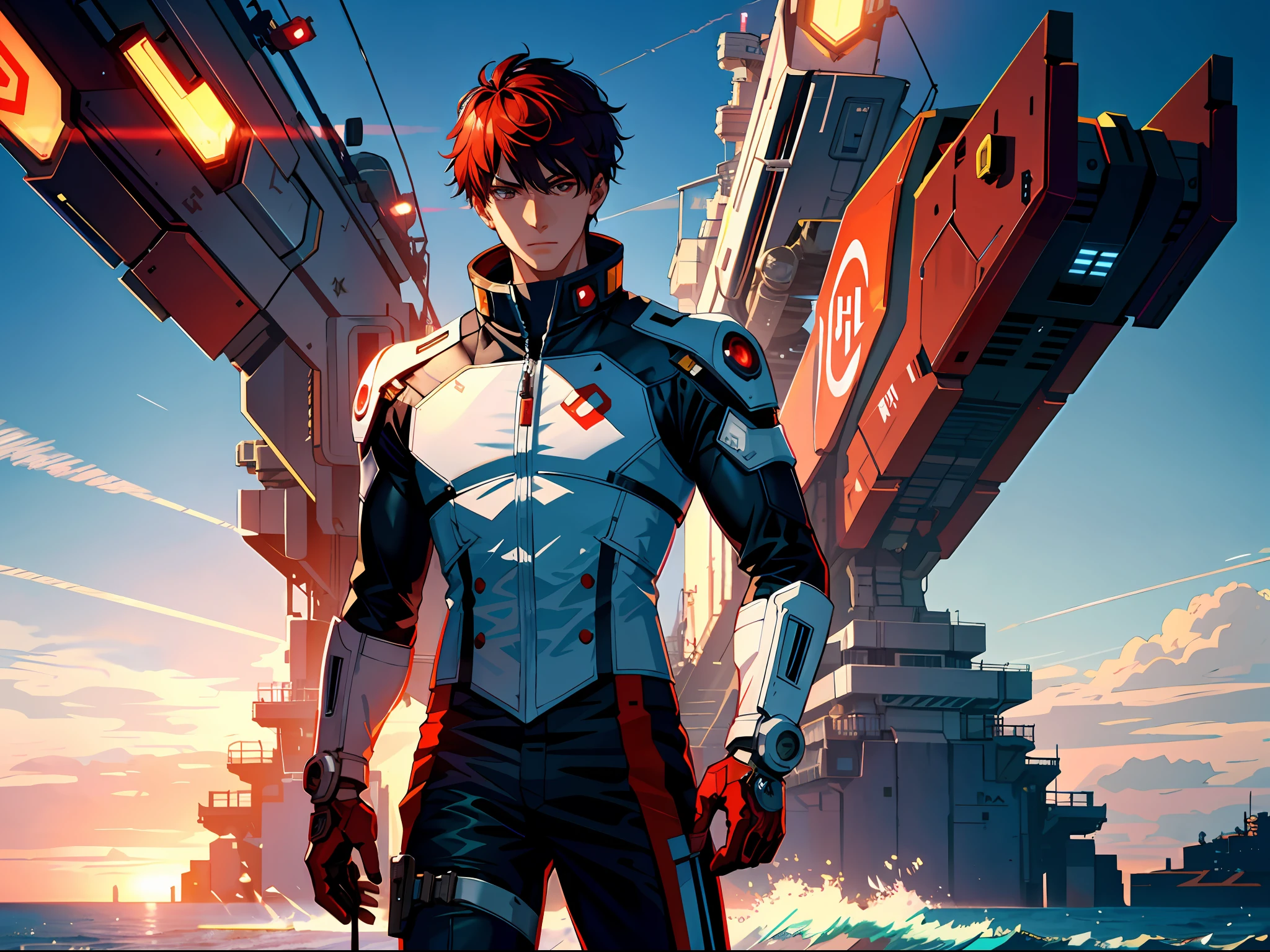 HD clear, best images, illustrations, super detailed, a young man wearing a cyberpunk style (white combat uniform), detailed face, and facial features, standing on the seaside pier with a thoughtful expression on his face, behind him is a huge red mech