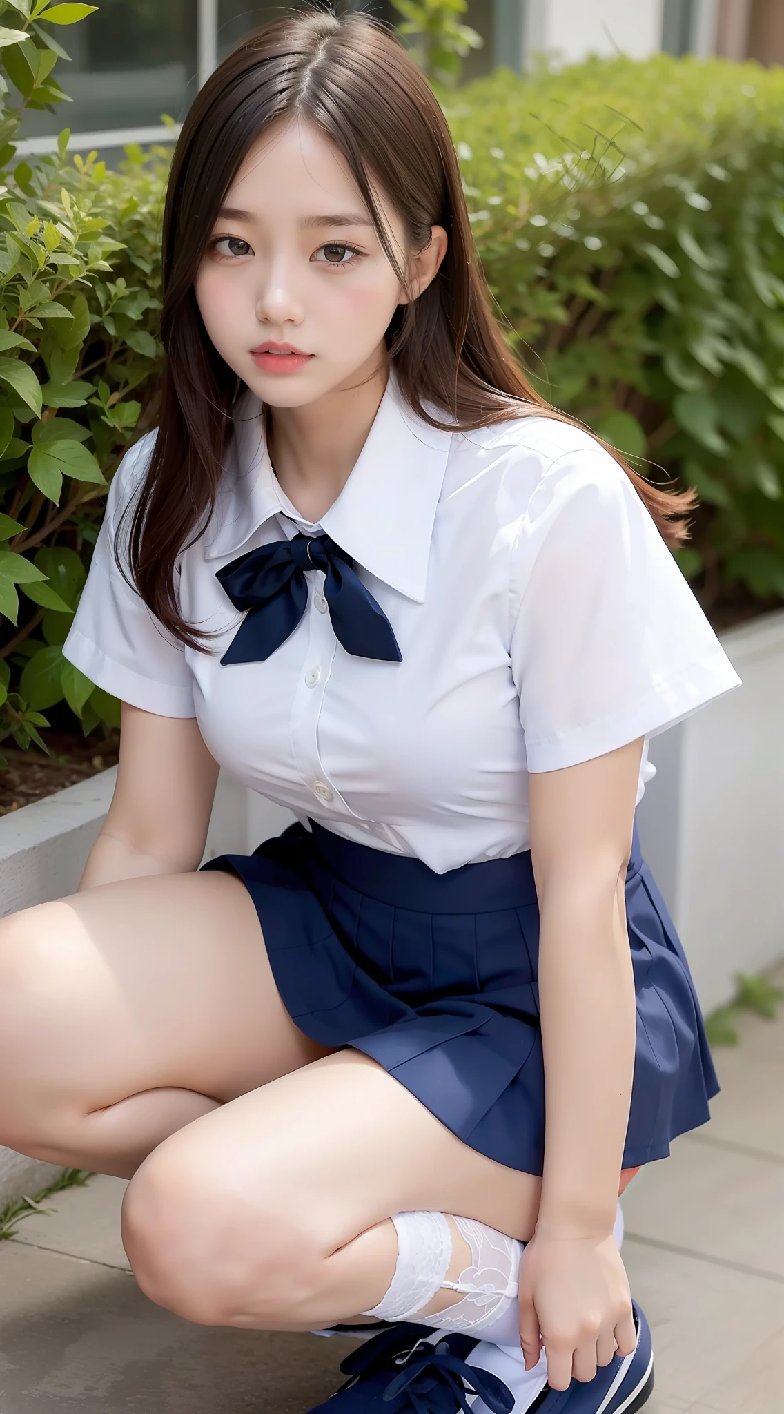 lace white panties, school uniform, white blouse, navy blue skirt, squatting,