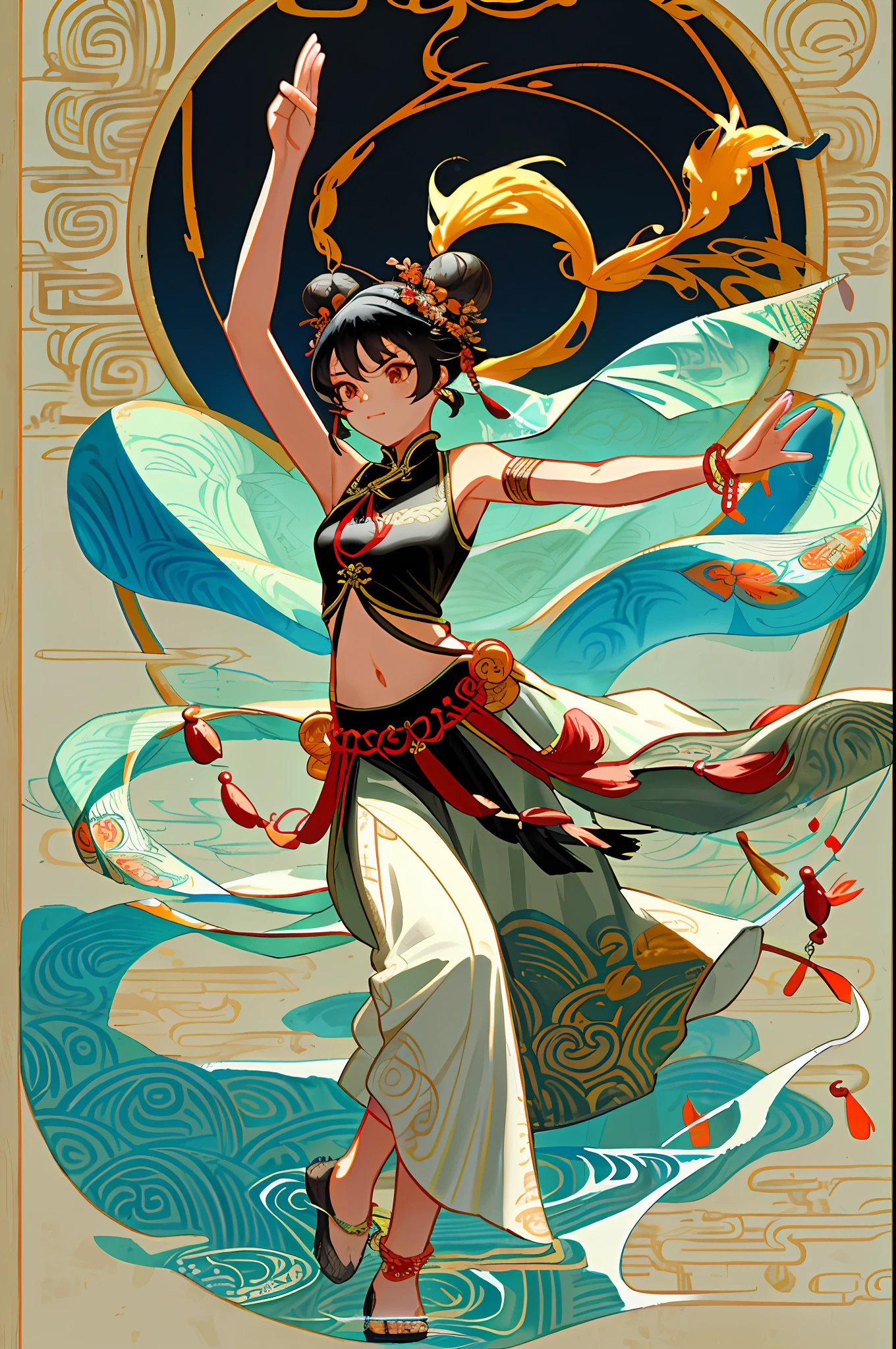 An ancient Chinese beauty stands and dances on the water, gorgeous costumes embroidered with intricate embroidery, flowing tulle, transparent long colorful ribbons tied on the arms, inspired by Dunhuang Flying Apsaras murals, showing navel, bare shoulders, bare neck, Black curly hair in a high bun with flower hairpins, ribbons on arm rings, wreaths, bracelets, anklets, metal chain tassels on the waist, Mogao Grottoes art, ink painting, cgstation pop