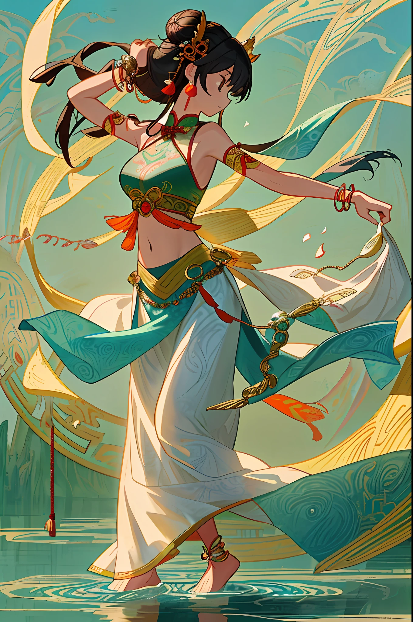 An ancient Chinese beauty stands and dances on the water, gorgeous costumes embroidered with intricate embroidery, flowing tulle, transparent long colorful ribbons tied on the arms, inspired by Dunhuang Flying Apsaras murals, showing navel, bare shoulders, bare neck, Black curly hair in a high bun with flower hairpins, ribbons on arm rings, wreaths, bracelets, anklets, metal chain tassels on the waist, Mogao Grottoes art, ink painting, cgstation pop