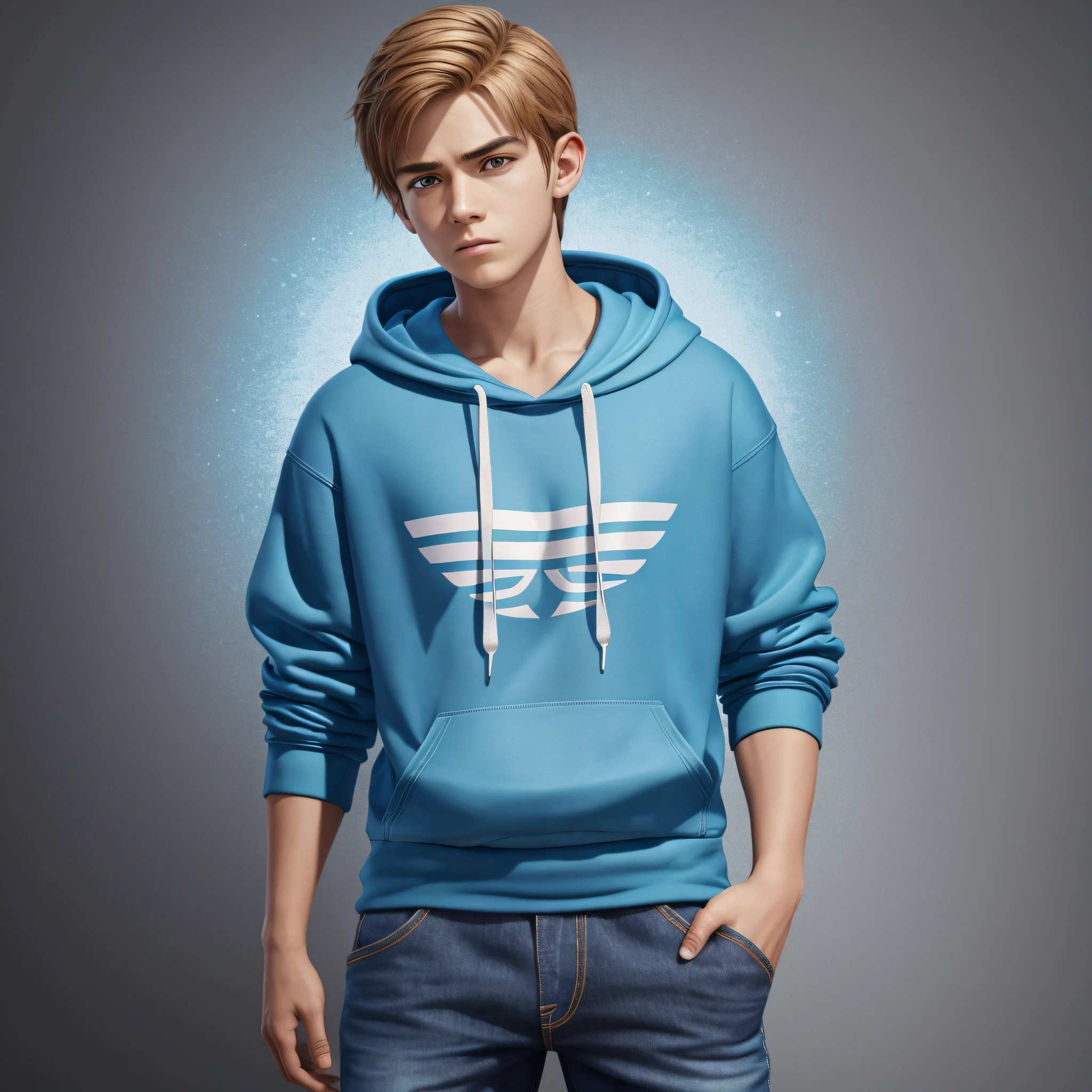 Com a imagem do link  https://imgur.com/a/XF0zds7, criar um personagem de 18 years old boy, body serious face, with blue jeans and blue adidas Hoodie, hd, realistic, disney pixar style, 3D, 8K, Detail, 16:9 aspect, full body --auto --s2