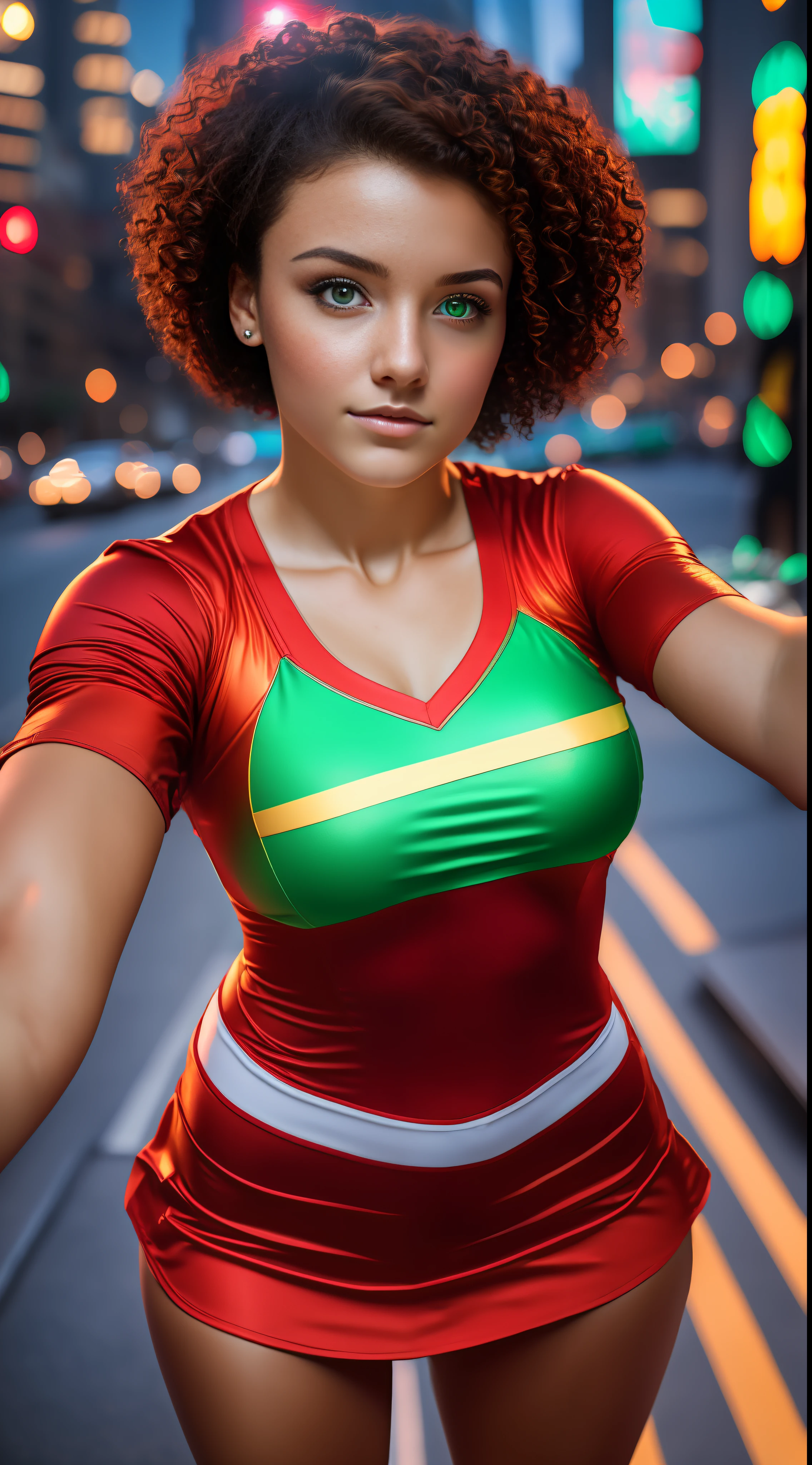 Girl 18 years old brunette cheerleader (gold and red uniform) incrinada looking up for camera (selfie camera angle) full body, big breasts,perfect green eyes, short curly hair,8k raw, perfect and realistic (angle from top to bottom) in the city the night neon