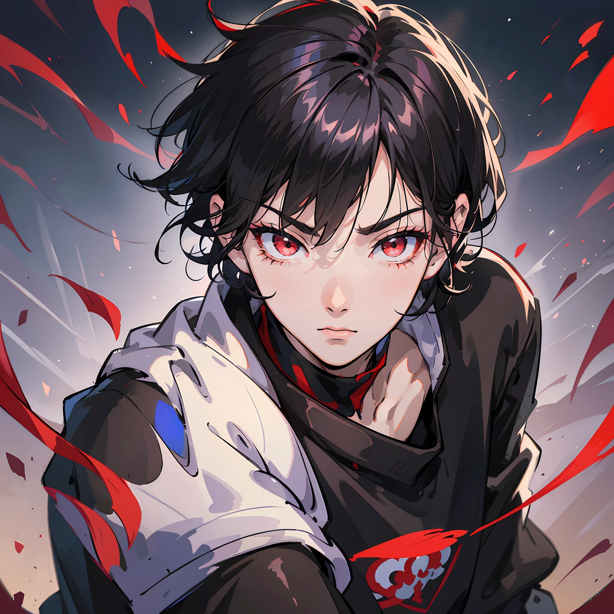 anime, male pessonage, black hair, red eyes, beautiful eyes, beautiful face, well-built body, short hair reaching up to the eyebrows, scattered hair, ambient lighting, black long sleeve t-shirt. maxim. --auto --s2