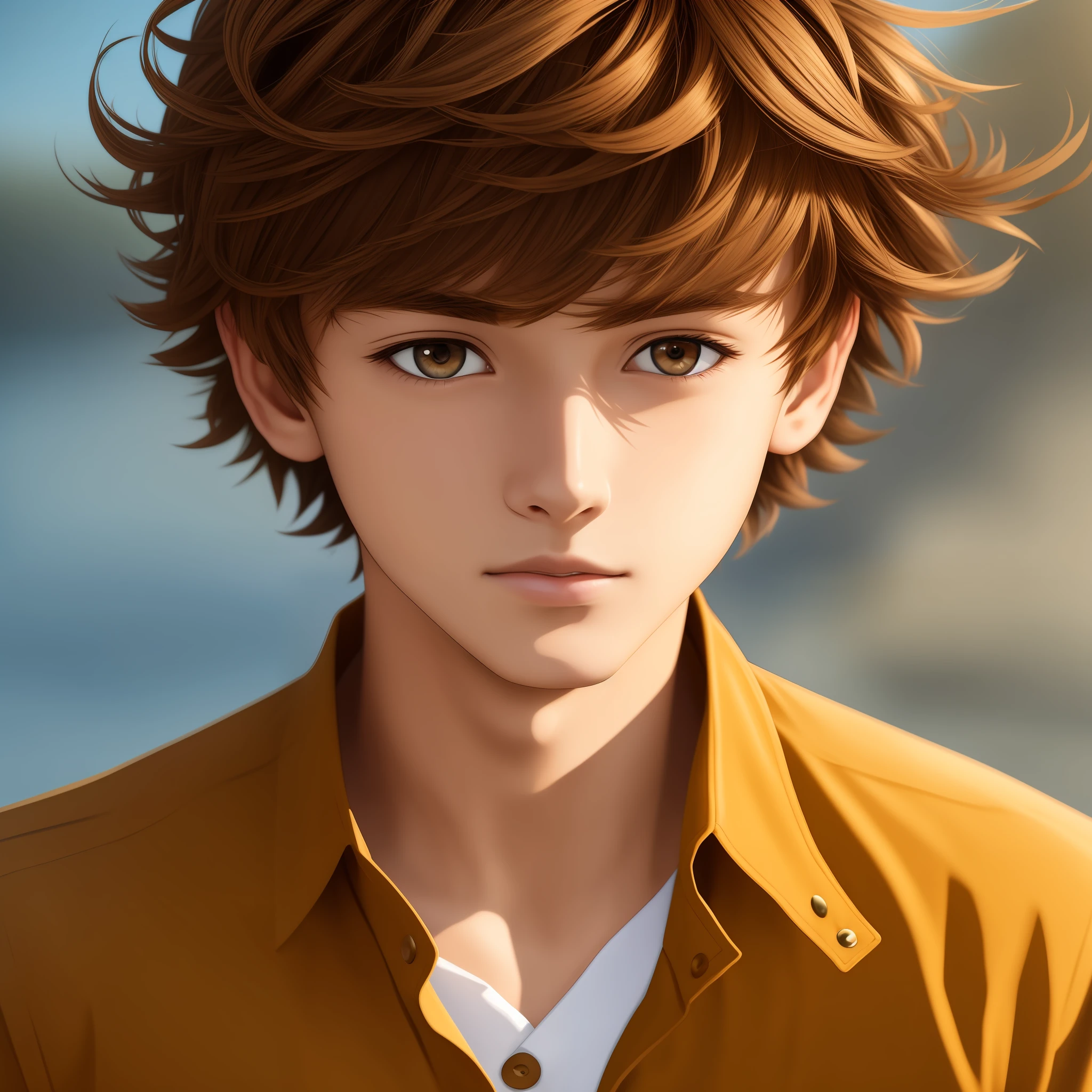 (Masterpiece) 8K resolution, brown short hair, 16-year-old beautiful boy, hair fluttering in the wind, hazelnut eyes, beautiful golden eyes, model style, anime style,