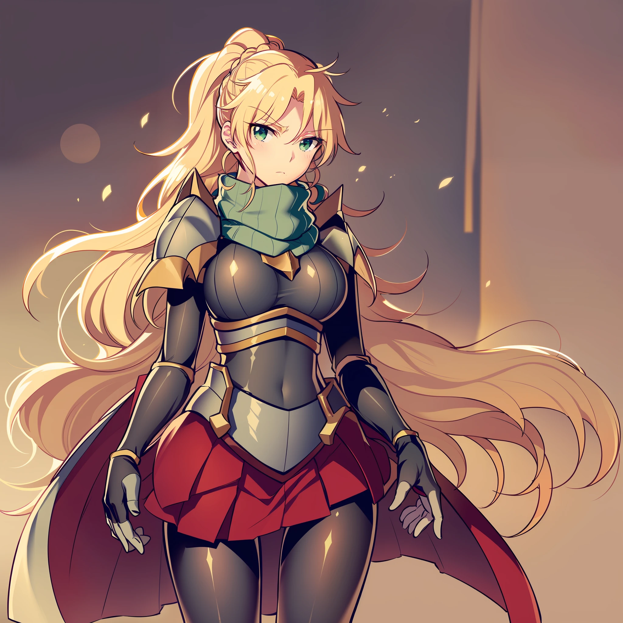 skirt vest, pantyhose, ponytail, long hair, blond hair, knight, medium breast,alicetaria february, green eyes,, walking, lance holding, cape, scarf