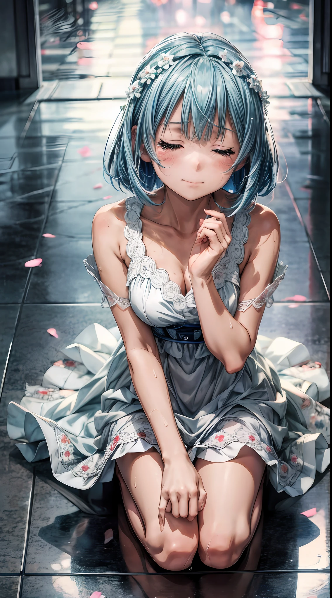 anime style, 1girl, kneeling, particles of light, (looking up), ((crying)), ((eyes closed)), white dress, blue hair down, barefoot, wet floor, raining, at night, vibrant colors, (high quality), high definition, 8k, masterpiece