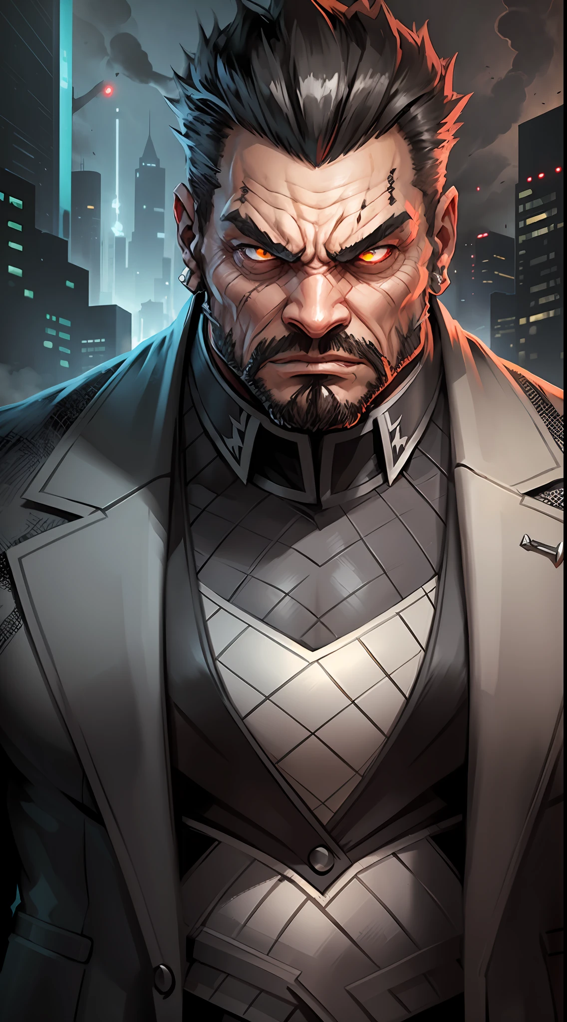 a super strong game boss extremely muscular, angry expression sinister very bad, wearing a stylish suit. --auto --s2