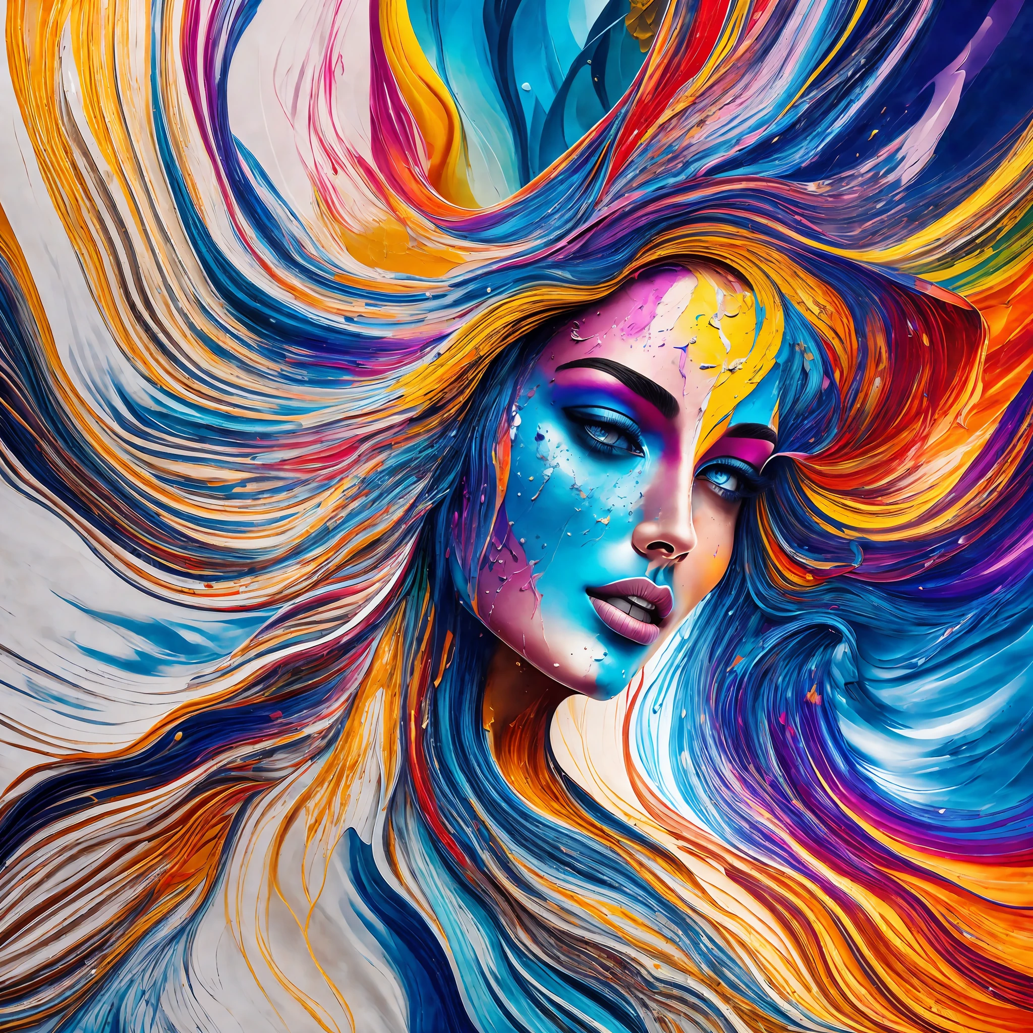 The difference in level is 1.8, the paint spilling and splattering on the screen, the depth of field, the beautiful androgynous creature, Latin features, elegant, strong between boho and modern, the liquid hair color: 1.1 made of paint and defies gravity, thick flow, splatters of paint: 1.3, a liquid state, beautiful, a masterpiece, detailed, an abstract beauty, explosive volume, oil painting, heavy brushstrokes, romantic lighting, surface dispersion, 135mm lens, f1.8, brightness, 8k, high resolution, dreamer, ray tracing, HDR, Divine Rays, -- --auto --s2