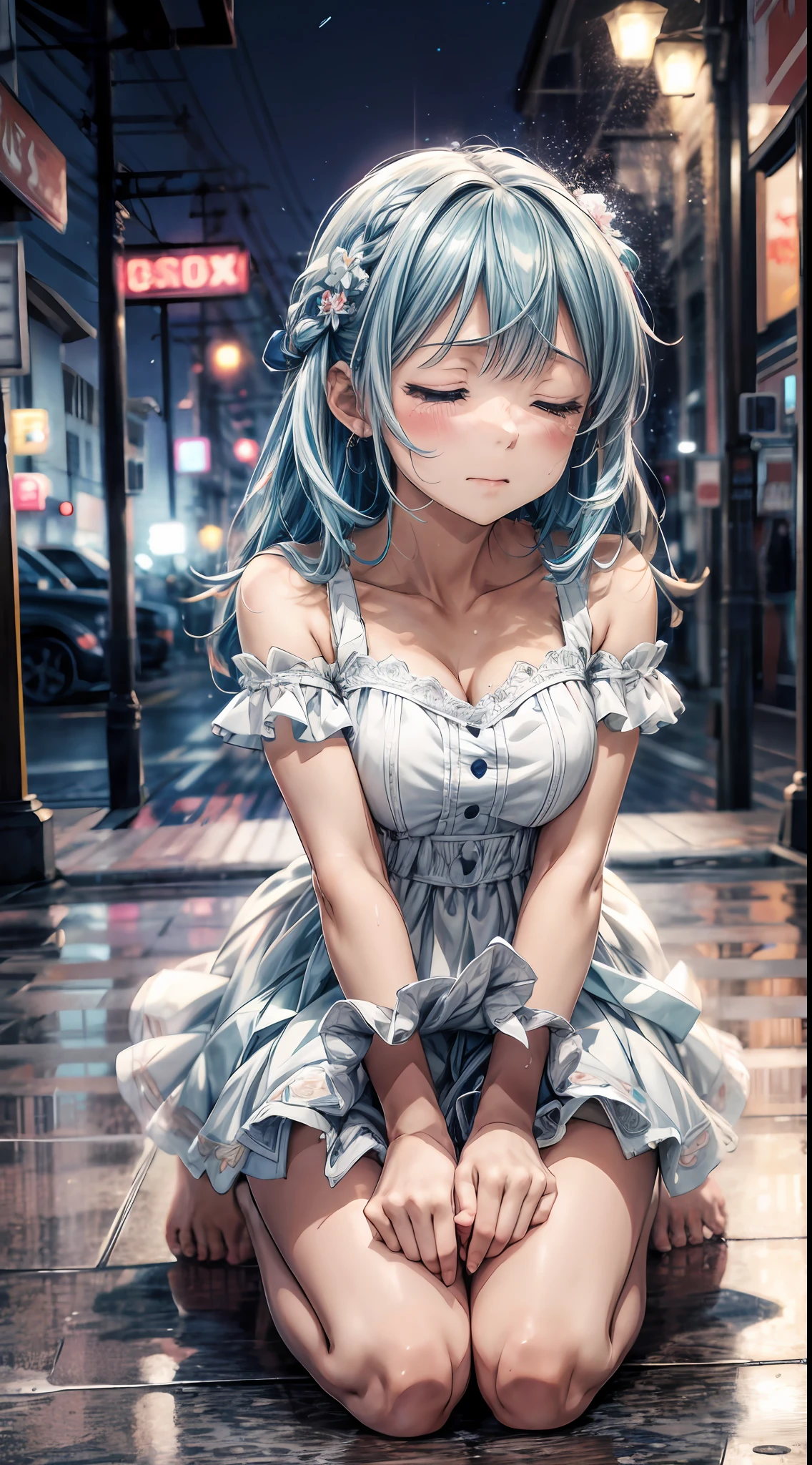anime style, 1girl, kneeling, particles of light, (looking up), ((crying)), ((eyes closed)), white dress, blue hair down, barefoot, wet floor, raining, at night, vibrant colors, (high quality), high definition, 8k, masterpiece