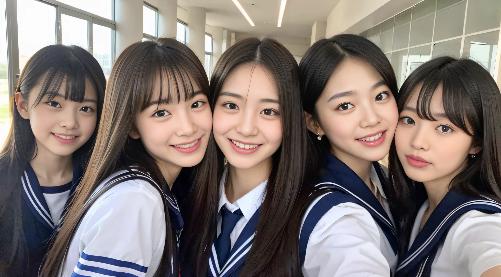 (8k, RAW photos, top quality, masterpiece: 1.2), super detail, super resolution, (real, real photos: 1.37), portraits, high resolution RAW color photos, tongue out photos, (looking at the camera with tongue out), super high quality (looking at the camera with tongue out), 8k wallpapers, amazing details, huge file size, very detailed beautiful girls, Different pattern face, angle from waist to head, waist flicker, modern cute schoolgirl, very detailed face very detailed eyes, very realistic skin, very detailed fingers, very detailed nose, very detailed mouth, perfect anatomy, very detailed sailor suit, very detailed background, after school, smiling school girls gather in the hallway of the school. They are dressed in uniform, and the characteristics of the school building can be seen faintly in the background. The light coming in through the bright windows illuminates the hallways, revealing the details of their hair and uniforms. They enjoy chatting in natural poses and seem to have memorable conversations. Smiles are overflowing, fun spreads in the hallwaySome children are sticking out their tongues,akkambe, tongue out, , cute girl, famous Japan idol, cute, realistic body, slender, white skin, glowing skin, slim body, long straight hair, (dull bangs:1.2), , schoolgirl youth Celebrity level cuteness , pink eye shadow