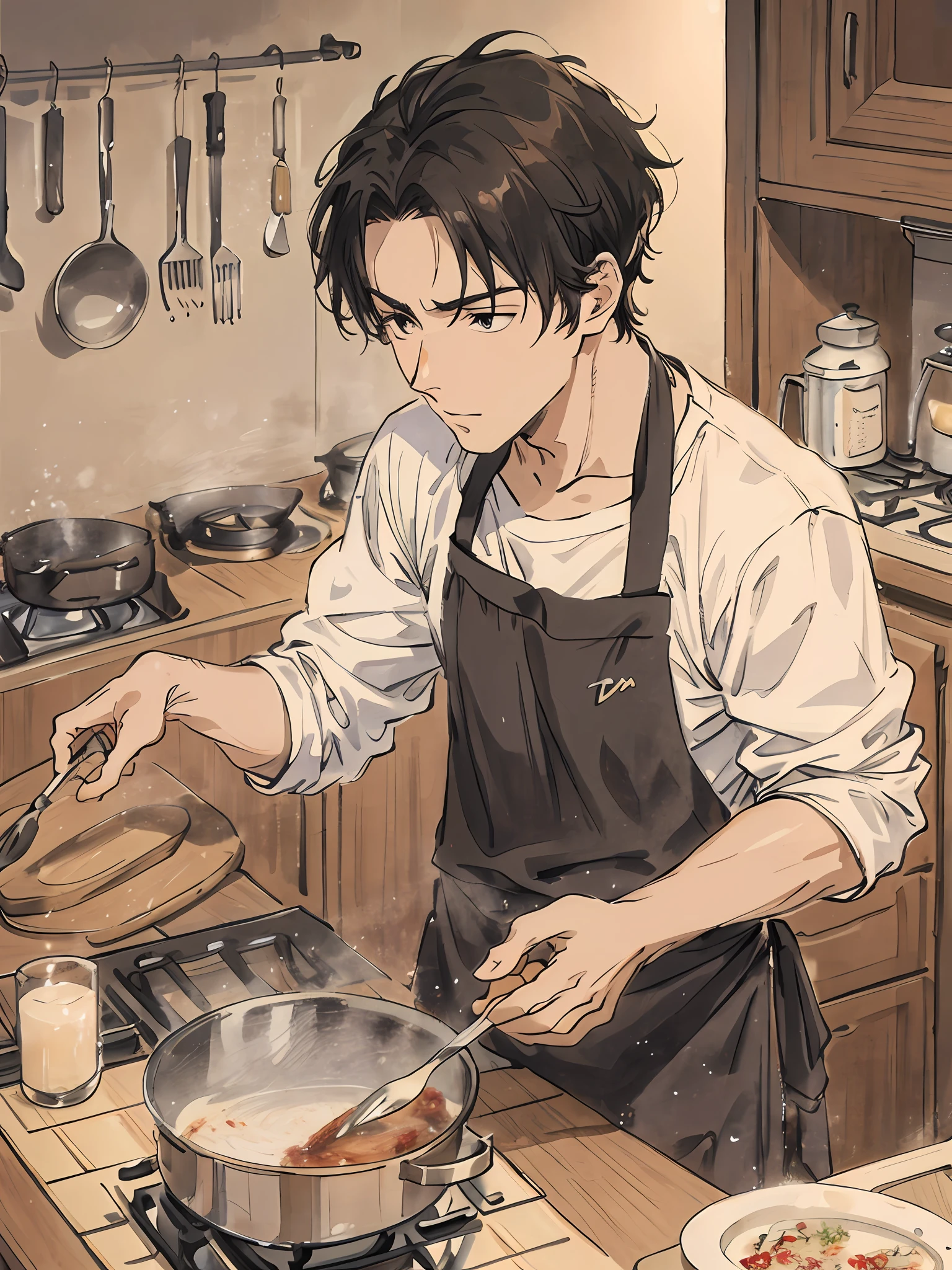 A beautiful attractive man cooking in a kitchen