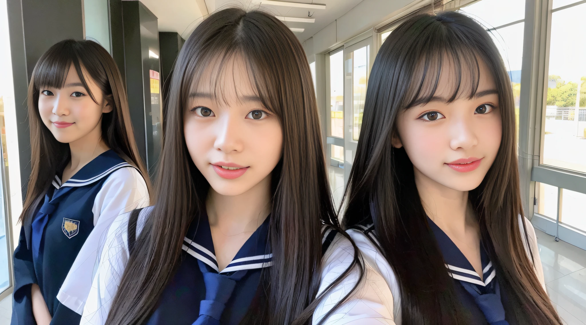 (8k, RAW photos, top quality, masterpiece: 1.2), super detail, super resolution, (real, real photos: 1.37), portraits, high resolution RAW color photos, tongue out photos, (looking at the camera with tongue out), super high quality (looking at the camera with tongue out), 8k wallpapers, amazing details, huge file size, very detailed beautiful girls, Different pattern face, angle from waist to head, waist flicker, modern cute schoolgirl, very detailed face very detailed eyes, very realistic skin, very detailed fingers, very detailed nose, very detailed mouth, perfect anatomy, very detailed sailor suit, very detailed background, after school, smiling school girls gather in the hallway of the school. They are dressed in uniform, and the characteristics of the school building can be seen faintly in the background. The light coming in through the bright windows illuminates the hallways, revealing the details of their hair and uniforms. They enjoy chatting in natural poses and seem to have memorable conversations. Smiles are overflowing, fun spreads in the hallwaySome children are sticking out their tongues,akkambe, tongue out, teen, cute girl, famous Japan idol, cute, realistic body, slender, white skin, glowing skin, slim body, long straight hair, (dull bangs:1.2), , schoolgirl youth Celebrity level cuteness , pink eye shadow