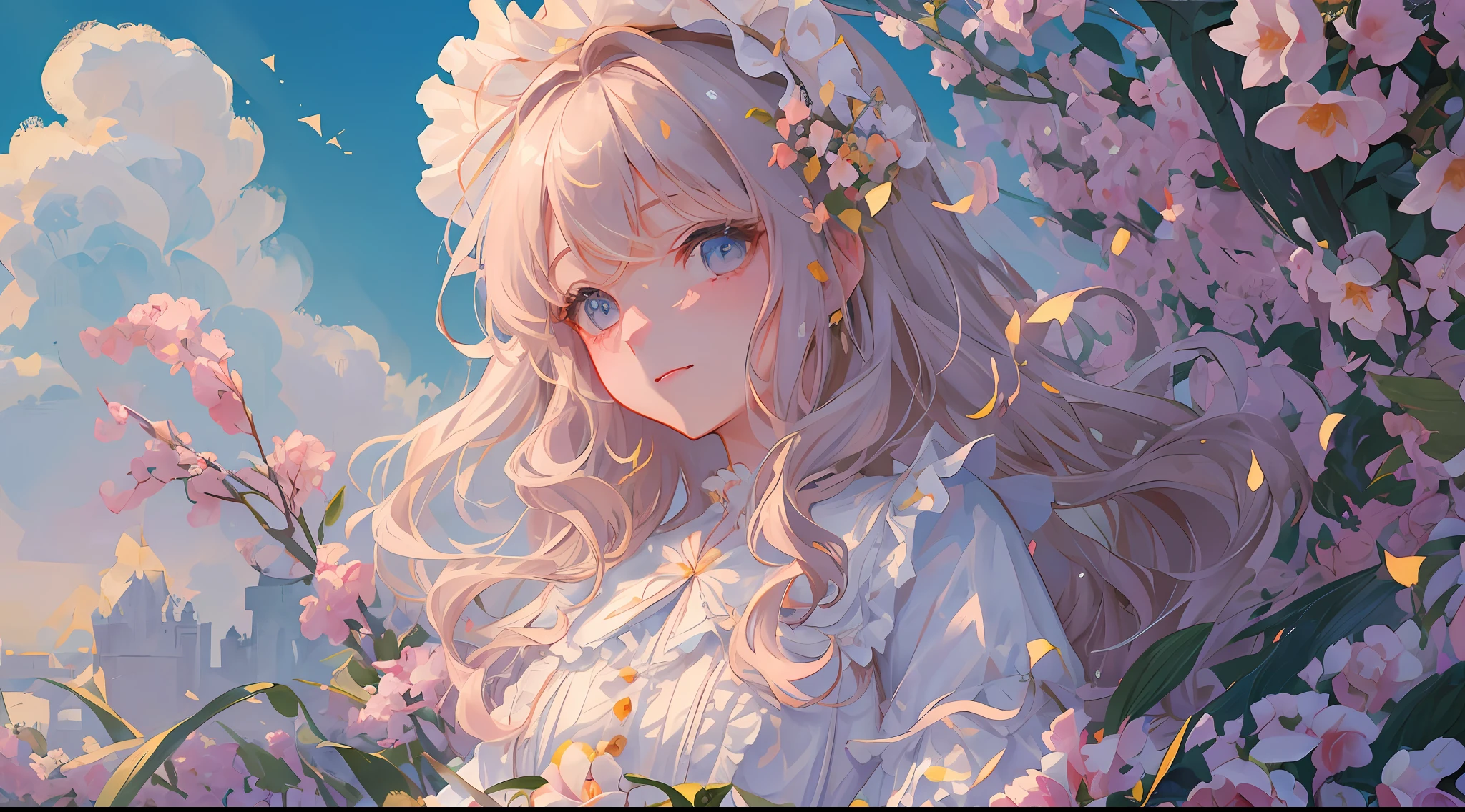 (1girl:1.2), slight blush, wavy hair, fluffy hair, capelet, lace trim, lace, frills, lolita, elegant, bodice, light smile, peaceful, colorful, (winter:0.9), (flowers:0.7), nature, princess, royal, extremely detailed, beautiful background, white, depth of field, cinematic lighting, Ghibli-like colours, high detail, scenery, horizon, wind, (bright:1), wind blow, lolita clothes, 8k, bokeh, award winning, (masterpiece:1.3), best quality, anatomically correct, perfect hands, dynamic pose, dynamic camera angle