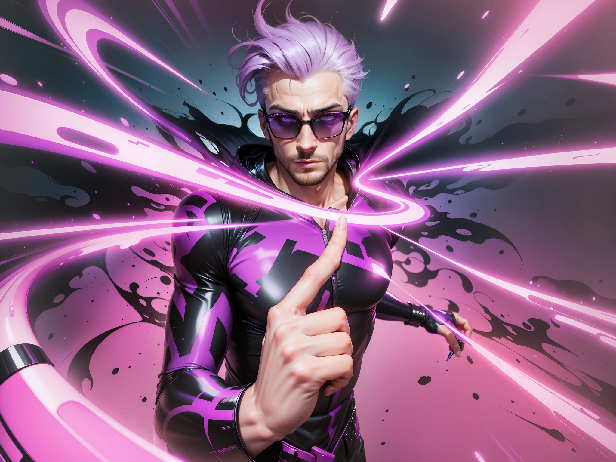 Transform this man in a hyperrealistic real, apply neon purple gloss in the image, apply pretty real light and shadow --auto --s2