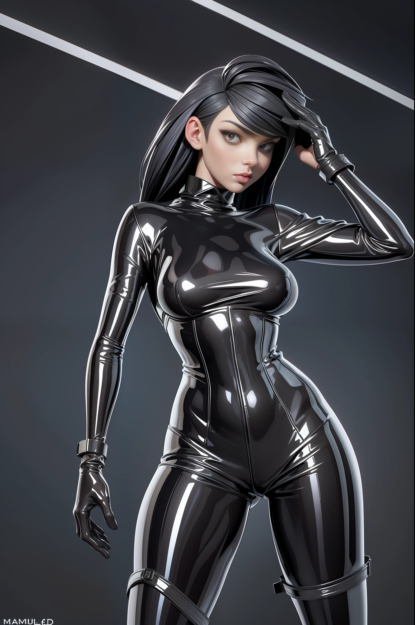 full body picture Unreal Engine 5 8K UHD of beautiful women, wearing tight latex catsuit covered whole body, latex mask, latex collar, latex body harness and lace, arm and leg cuffs, latex corset, latex long glove, best quality, masterpiece