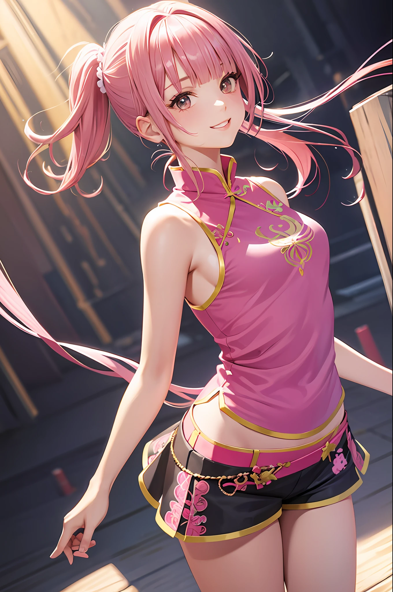 pink short ponytail, side up hair, smile, colorful hair, sleeveless, pink china clothes, delicate embroidery, black shorts, blunt bangs, 1girl,solo, photorealistic, high resolution, 1 girl, cowboy shot,