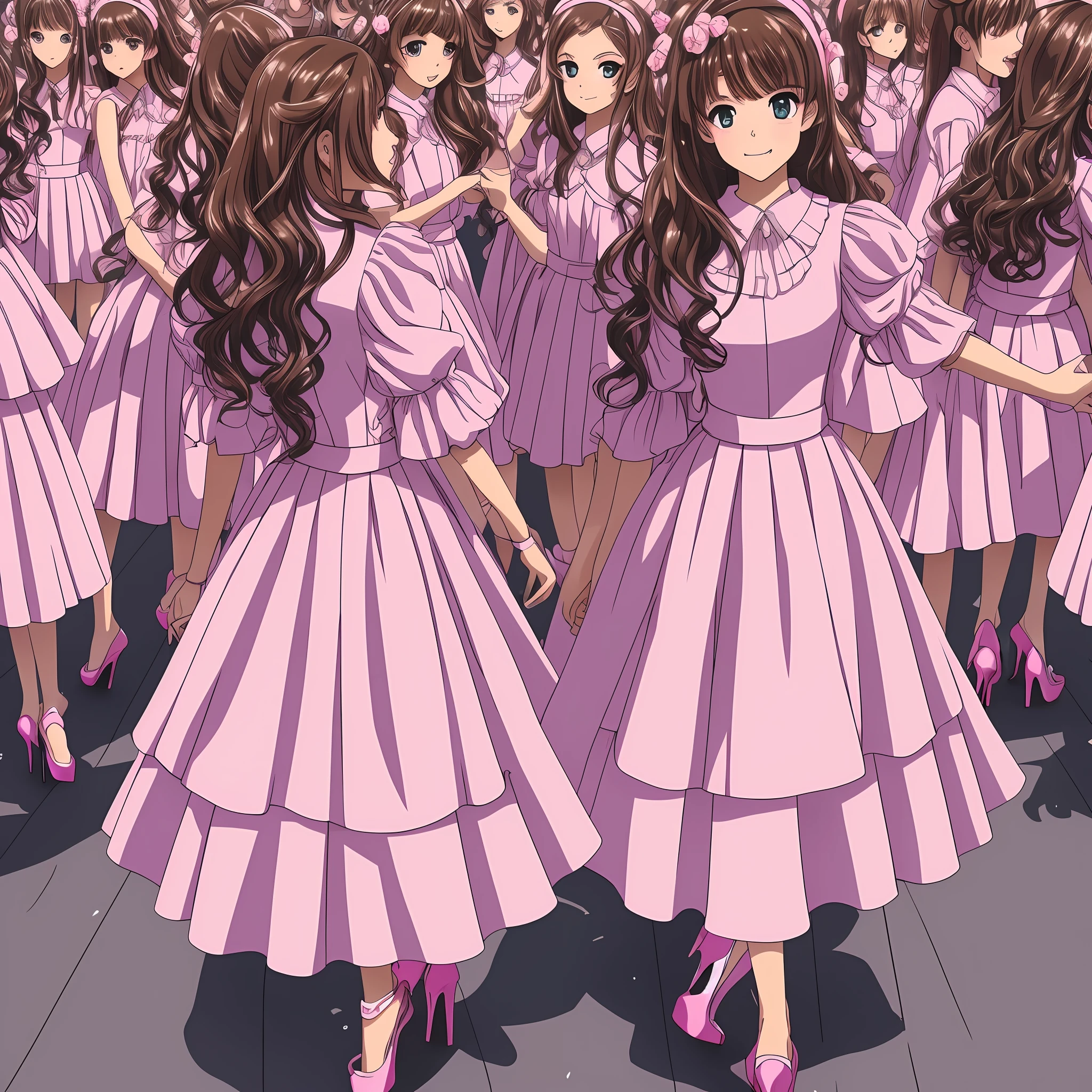 perfect anime illustration, multiple girls, thousands of girls, millions of girls, rich girls, clones, identical sisters, sisters crowded together, sisters in background, brown hair, curly hair, matching hairstyle, hazel eyes, smiling, ((matching outfits, pink prom dresses, high heels)), matching hairstyles, white background, highres, full body, sisters marching