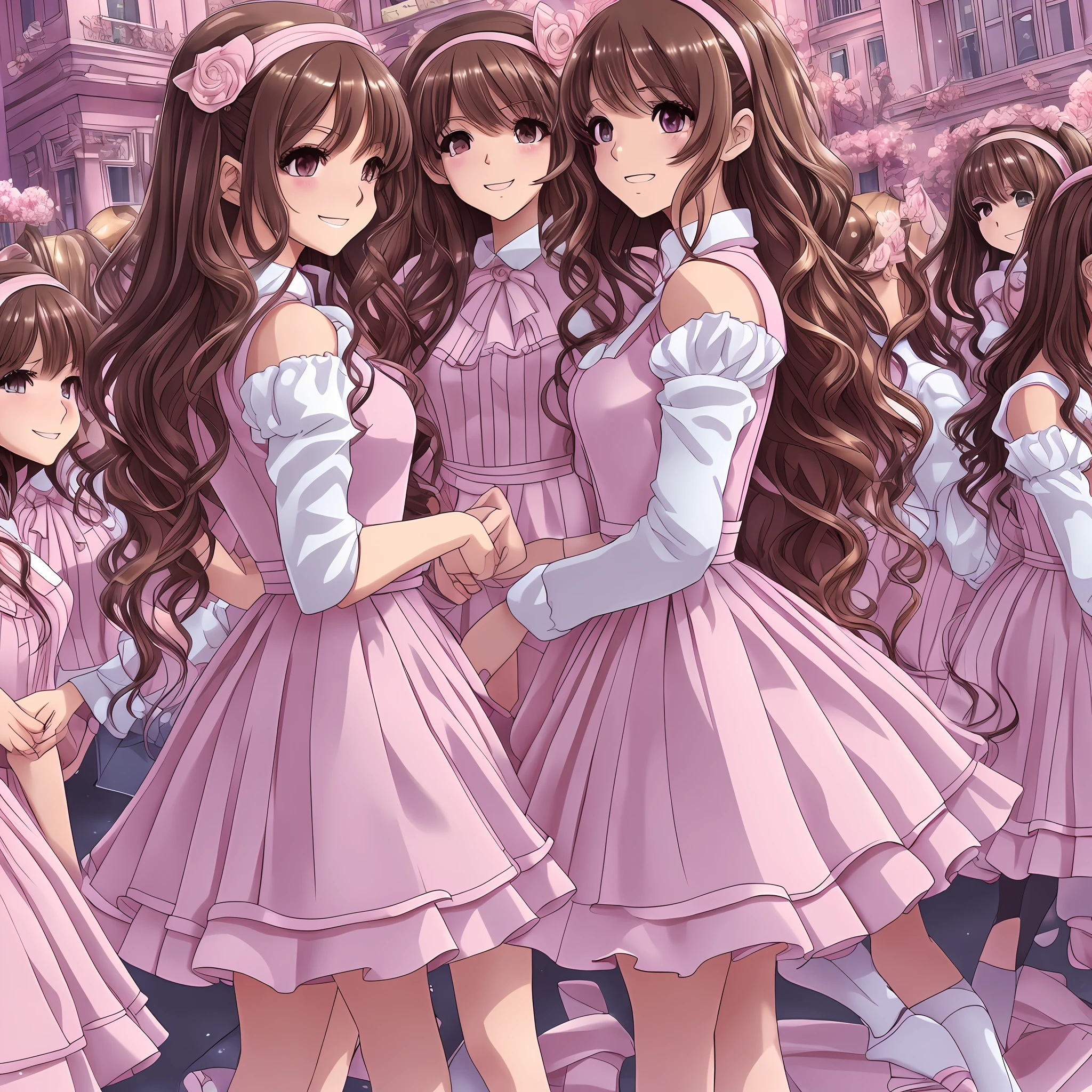 perfect anime illustration, multiple girls, thousands of girls, millions of girls, rich girls, clones, identical sisters, sisters crowded together, sisters in background, brown hair, curly hair, matching hairstyle, hazel eyes, smiling, ((matching outfits, pink prom dresses, high heels)), matching hairstyles, white background, highres, full body, sisters marching