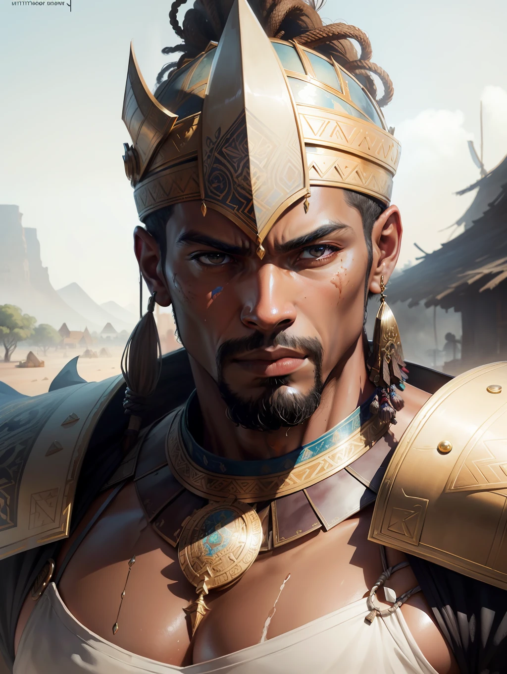 (Masterpiece) A very strong anf fitted nubian warrior man, watercolor hyperdetailed art in the style of Karoly Cszúzy, soft colors, intricate, elegant, highly detailed, digital painting, art station, concept art, soft, sharp focus, an african village as the background, illustration, art by Karoly Cszúzy, extremely detailed, detailed symmetric realistic face, extremely detailed natural texture, trend in artstation, watercolor painting, low angle shot, watercolor, wet on wet and splattering techniques, centered, perfect composition, dynamic action poses.