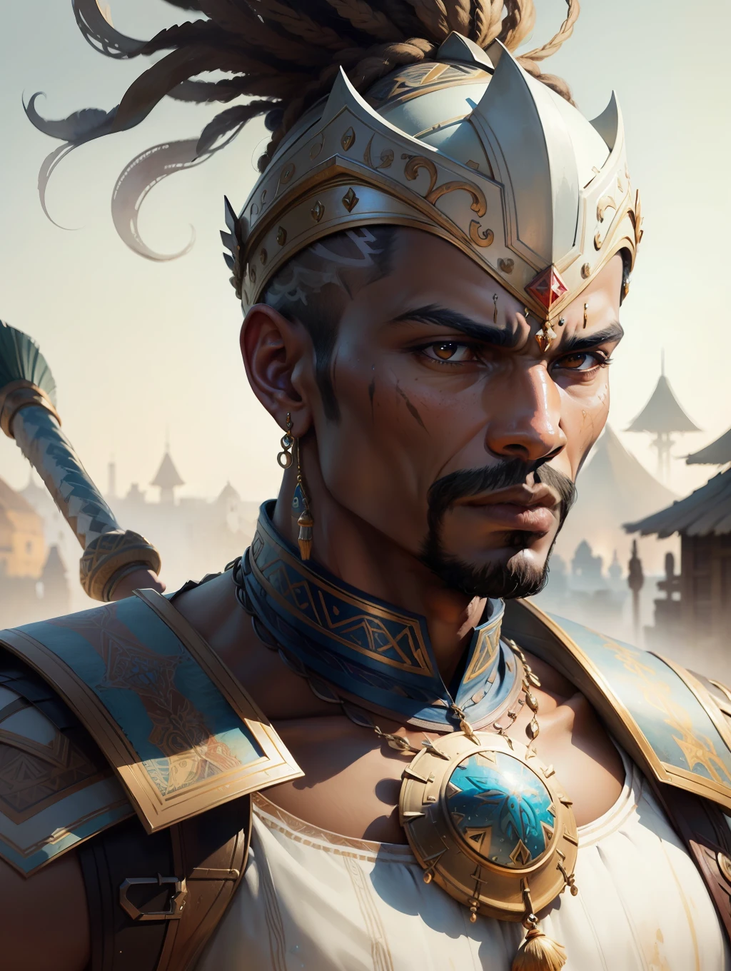(Masterpiece) A very strong anf fitted nubian warrior man, watercolor hyperdetailed art in the style of Karoly Cszúzy, soft colors, intricate, elegant, highly detailed, digital painting, art station, concept art, soft, sharp focus, an african village as the background, illustration, art by Karoly Cszúzy, extremely detailed, detailed symmetric realistic face, extremely detailed natural texture, trend in artstation, watercolor painting, low angle shot, watercolor, wet on wet and splattering techniques, centered, perfect composition, dynamic action poses.