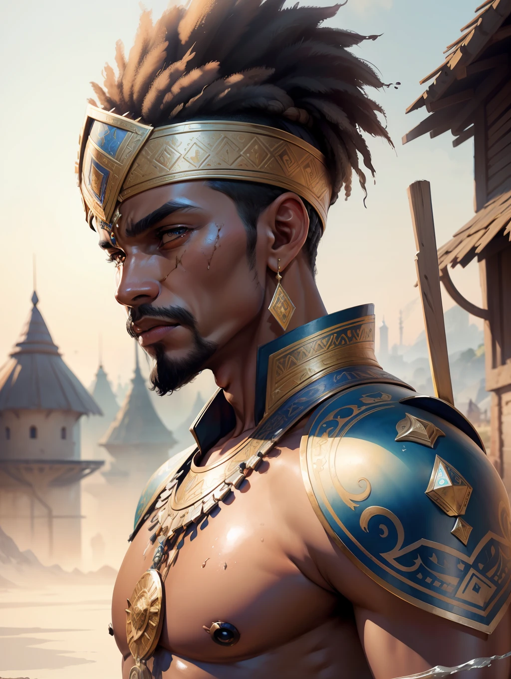(Masterpiece) A very strong anf fitted nubian warrior man, watercolor hyperdetailed art in the style of Karoly Cszúzy, soft colors, intricate, elegant, highly detailed, digital painting, art station, concept art, soft, sharp focus, an african village as the background, illustration, art by Karoly Cszúzy, extremely detailed, detailed symmetric realistic face, extremely detailed natural texture, trend in artstation, watercolor painting, low angle shot, watercolor, wet on wet and splattering techniques, centered, perfect composition, dynamic action poses.