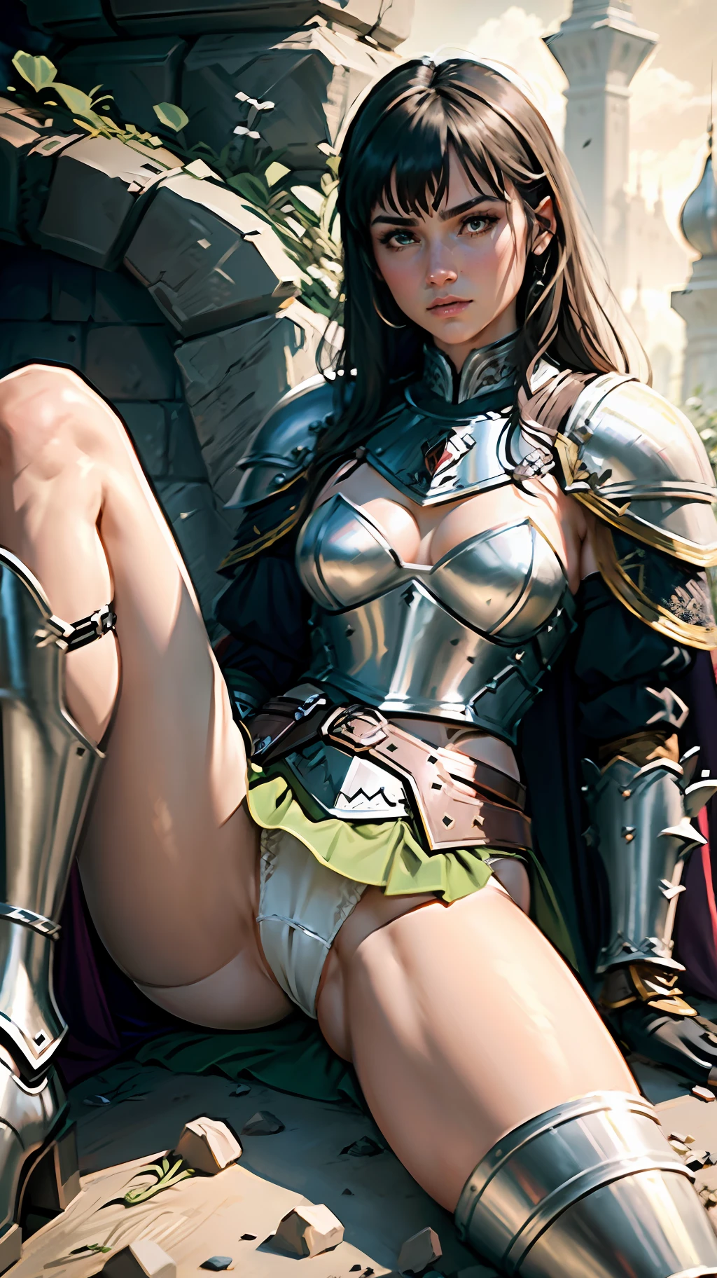 brunette warrior, armor, medieval fantasy, D&d, RPG, ultra realistic, ultra detailed, best quality, 8k, wallpaper, steel breastplate, steel boots, steel gauntlets, steel gloves, sitting, open legs, green skirt, small panties, white panties, panty view, upskirt, thong, cameltoe, pantyshot, RAW,