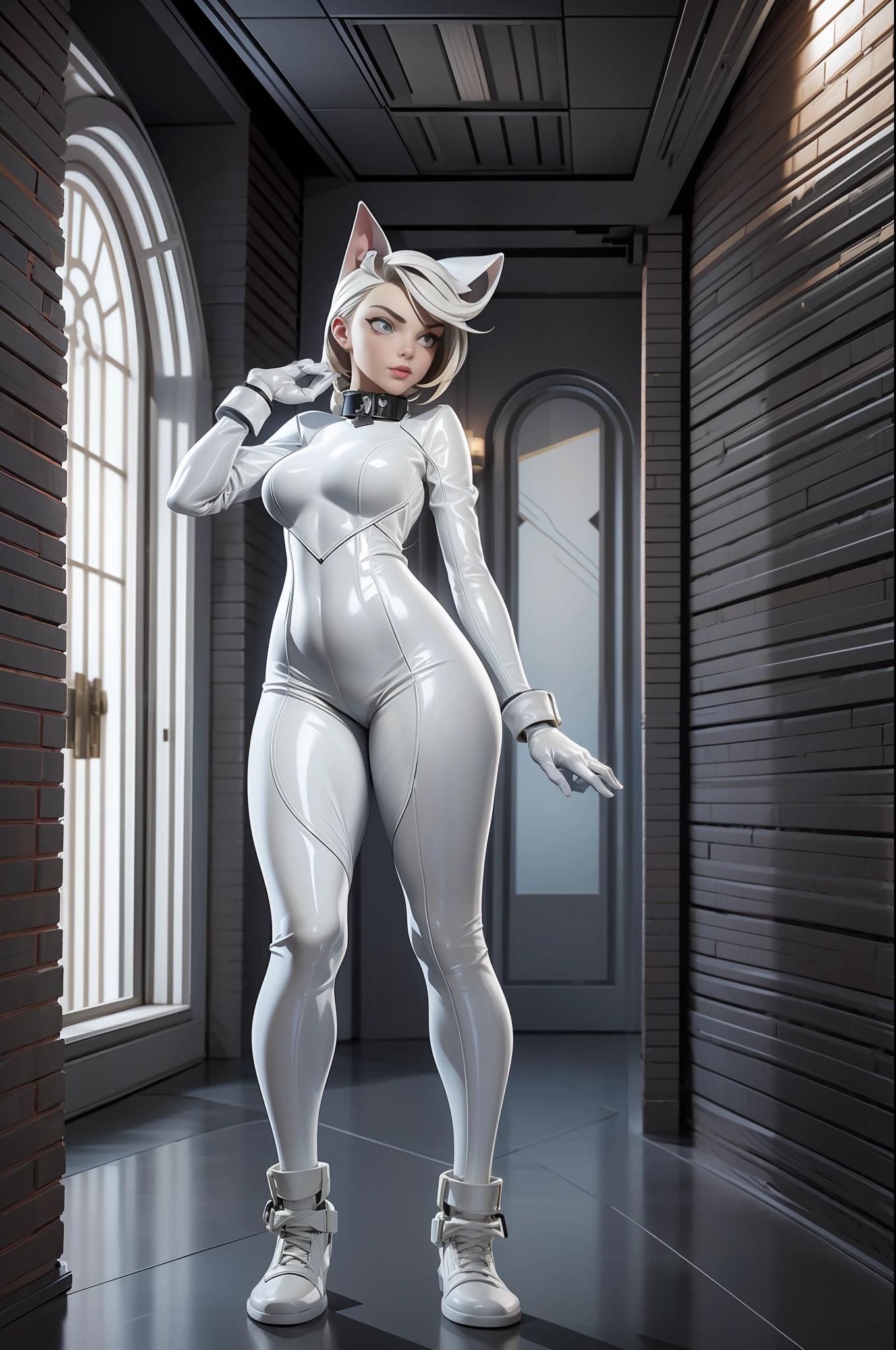 full body picture Unreal Engine 5 8K UHD of beautiful women, wearing white tight latex catsuit covered whole body, latex mask, latex collar, latex body harness and lace, arm and leg cuffs, latex corset, latex long glove, best quality, masterpiece